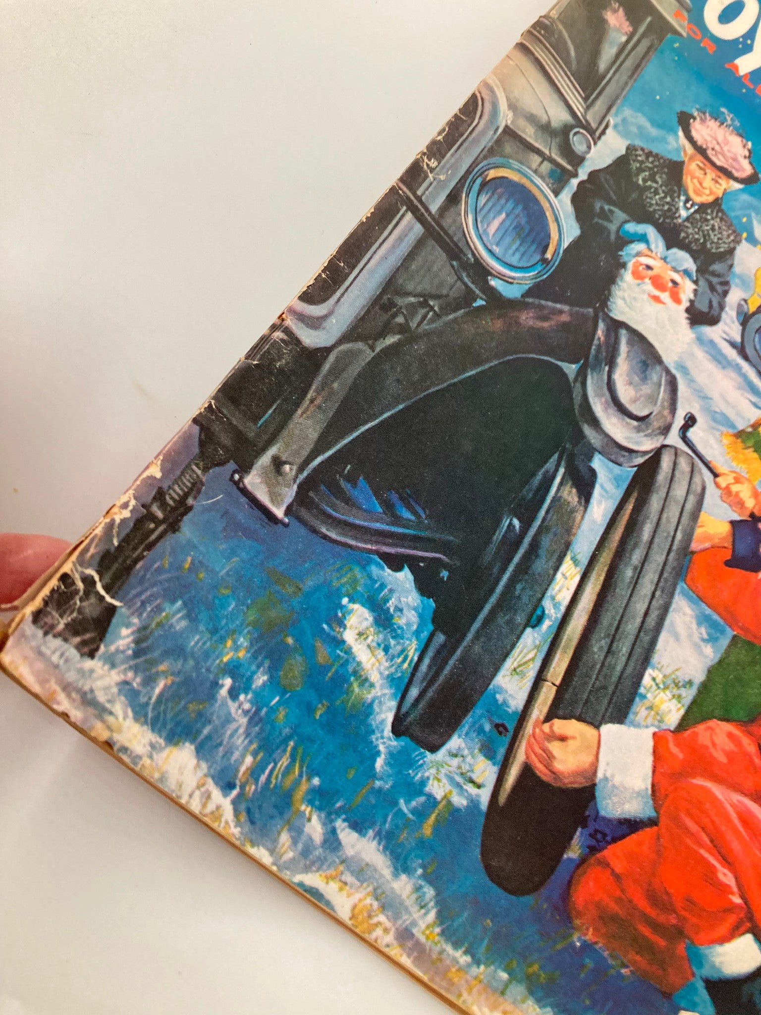 Cover detail of VTG Boys' Life Magazine December 1958 featuring a vintage illustration, showcasing a car and festive characters, enhancing its nostalgic appeal.