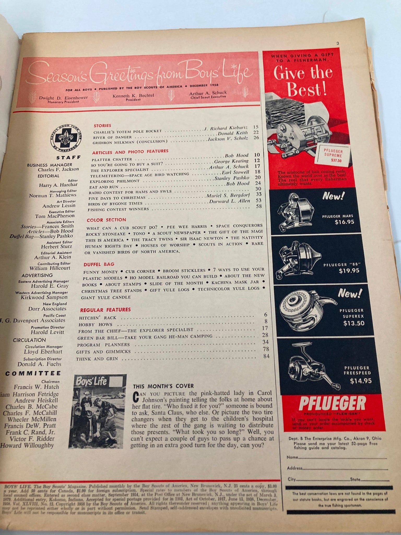 Interior page of VTG Boys' Life Magazine December 1958 displaying seasonal greetings and article listings, capturing the essence of vintage publications.