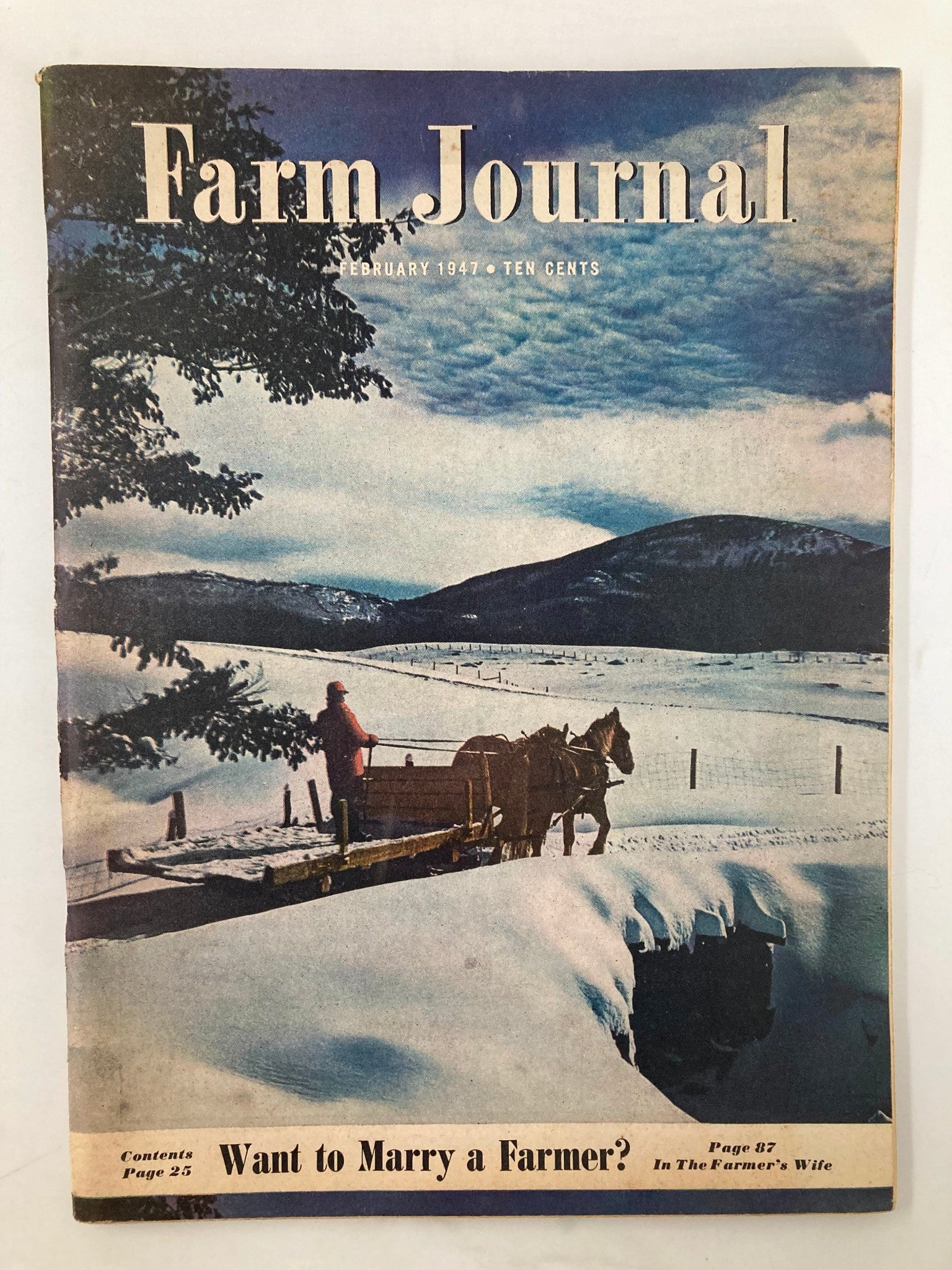 VTG Farm Journal Magazine February 1947 cover featuring snowy landscape and a horse-drawn sleigh, with the caption 'Want to Marry a Farmer?' showcasing vintage Americana themes.