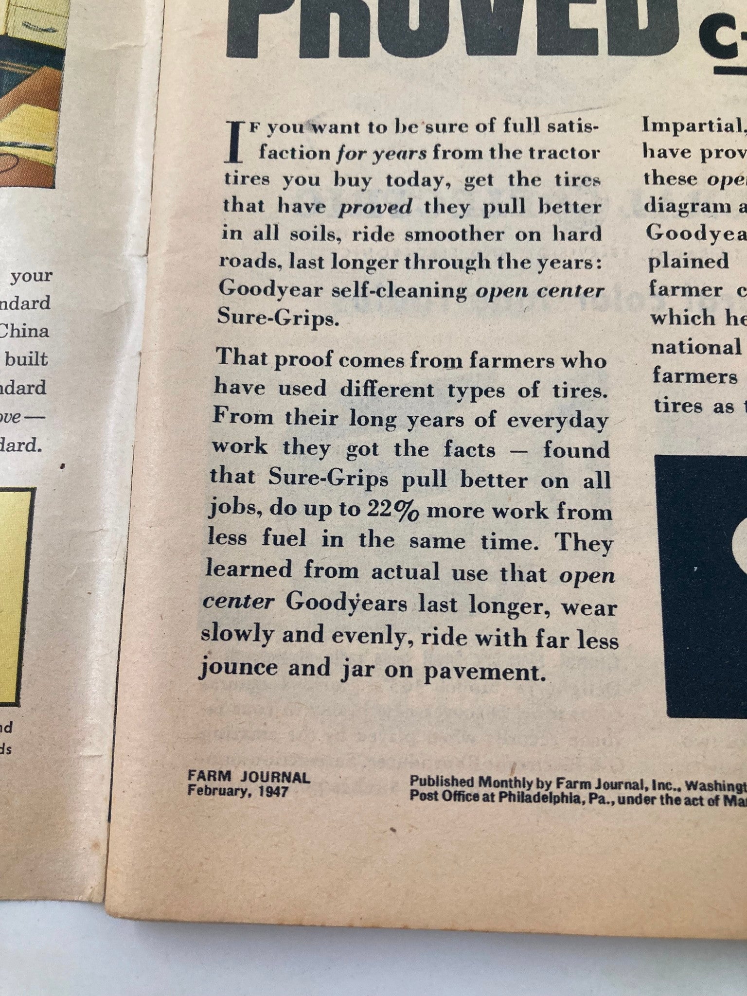Interior page of the VTG Farm Journal Magazine February 1947 discussing tractor tires and Goodyear Sure-Grips, highlighting agricultural practices and insights from the era.