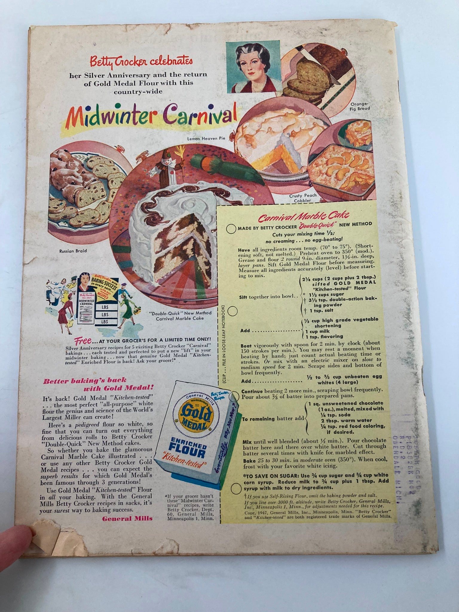 Back cover of the VTG Farm Journal Magazine February 1947 featuring a Betty Crocker promotion with recipes and a festive theme, reflecting mid-20th century rural life and culinary traditions.