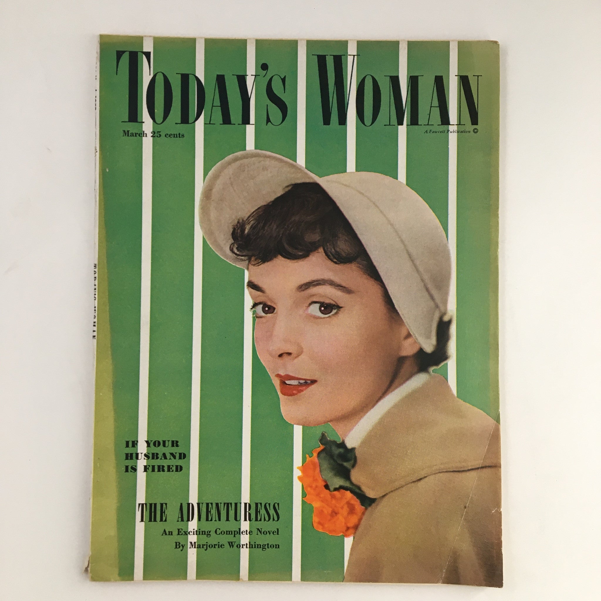 Cover of Today's Woman Magazine March 1950 featuring a stylish woman wearing a hat, with a bright green striped background and the text detailing articles and stories inside.