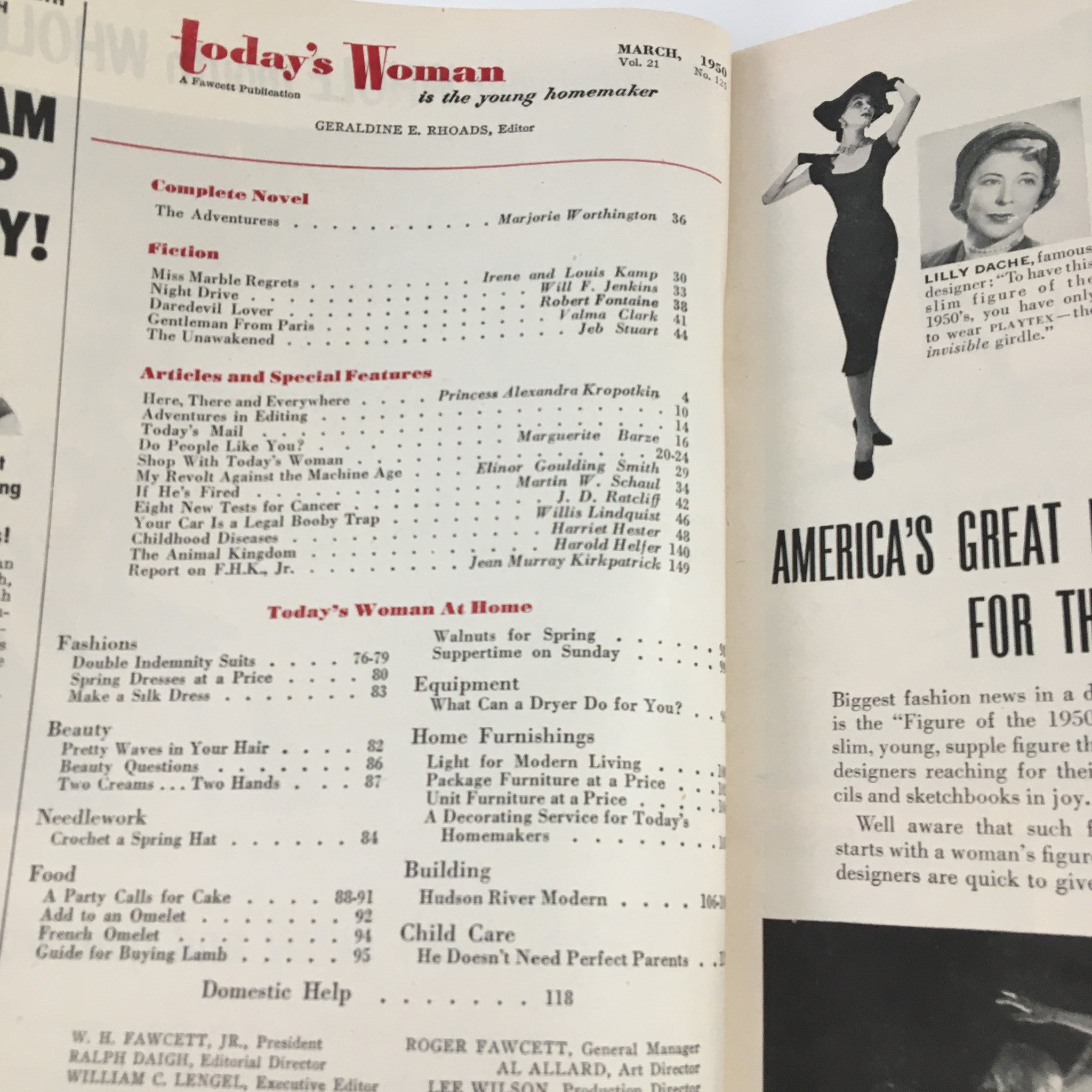 Table of contents in Today's Woman Magazine March 1950, highlighting articles and features relevant to women's interests in that era.