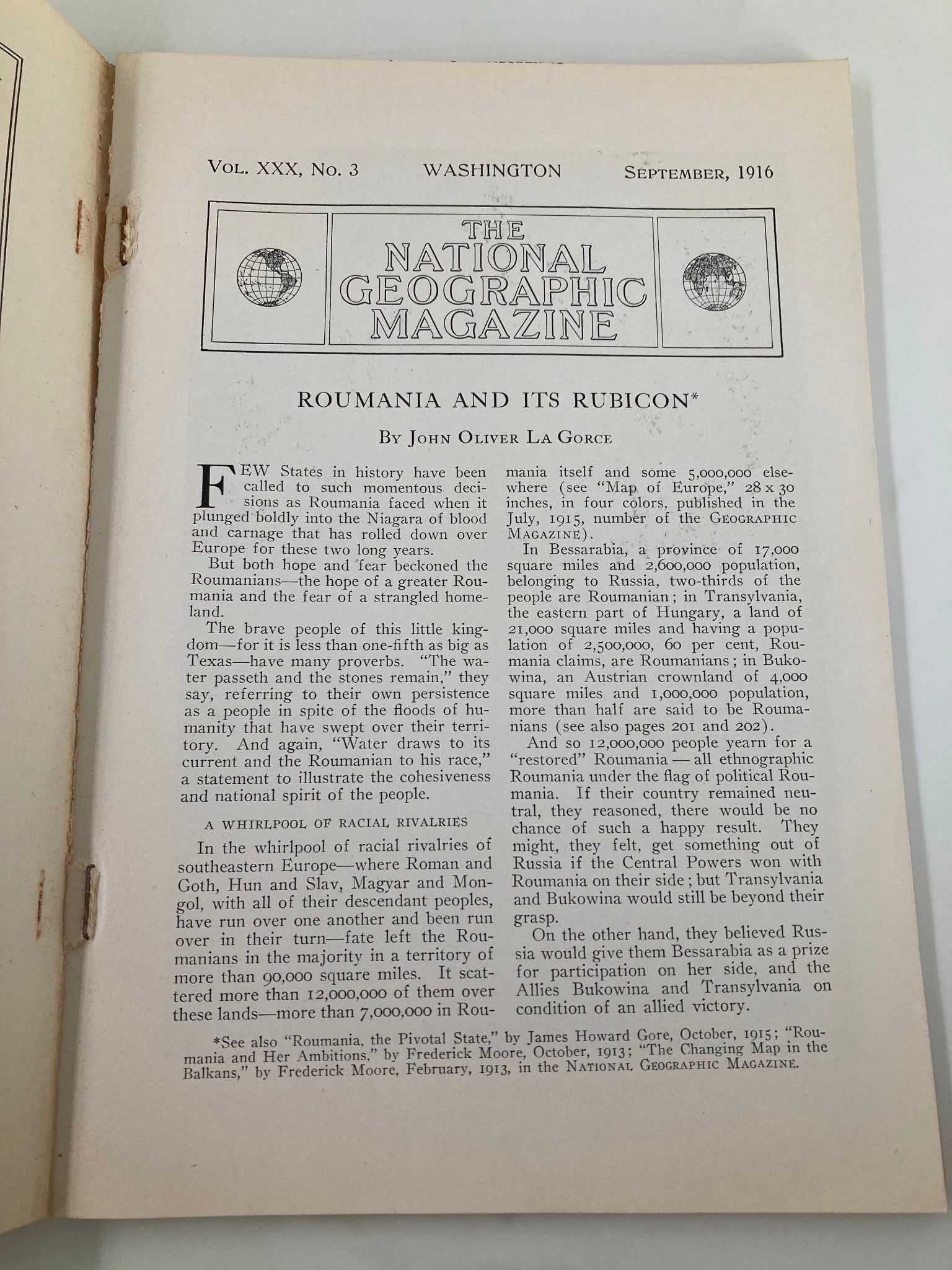 VTG The National Geographic Magazine September 1916 Roumania and its Rubicon