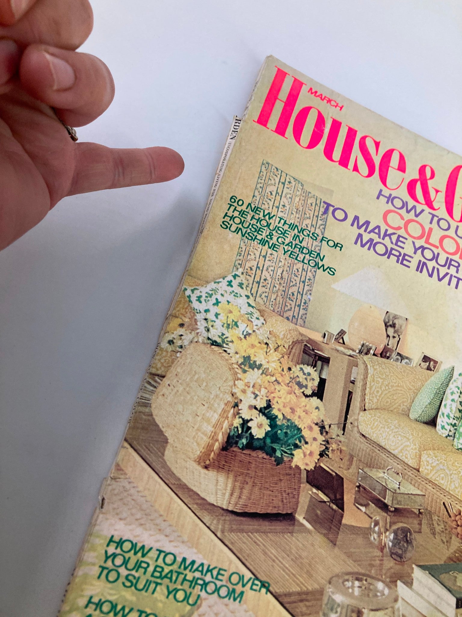 Cover of VTG House & Garden Magazine March 1974 featuring a cozy living room with floral decor and vibrant colors, showcasing the aesthetics of California's Wine Country.