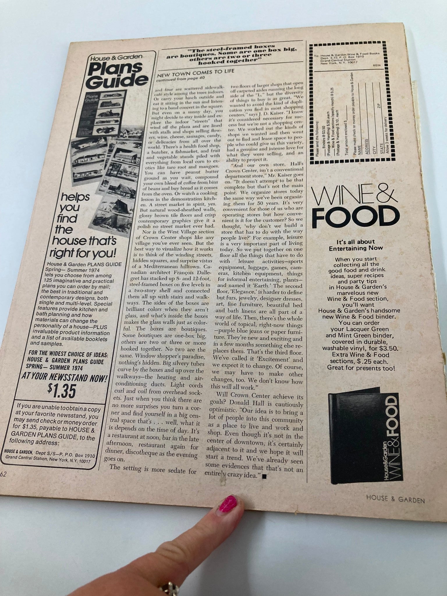 Back page of VTG House & Garden Magazine March 1974 displaying a plans guide advertisement and information on various sections including Wine & Food, prompting readers to explore home and garden inspirations.