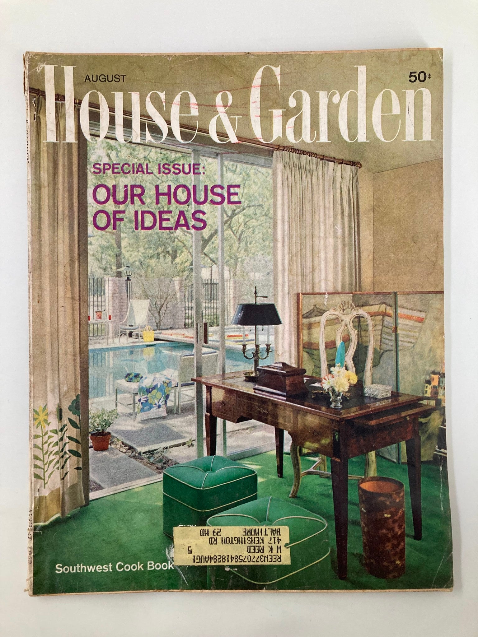 Cover of VTG House & Garden Magazine August 1963 featuring a living room with a green theme, a pool view, and the title "The House Mirrored in a Shimmering Pool."
