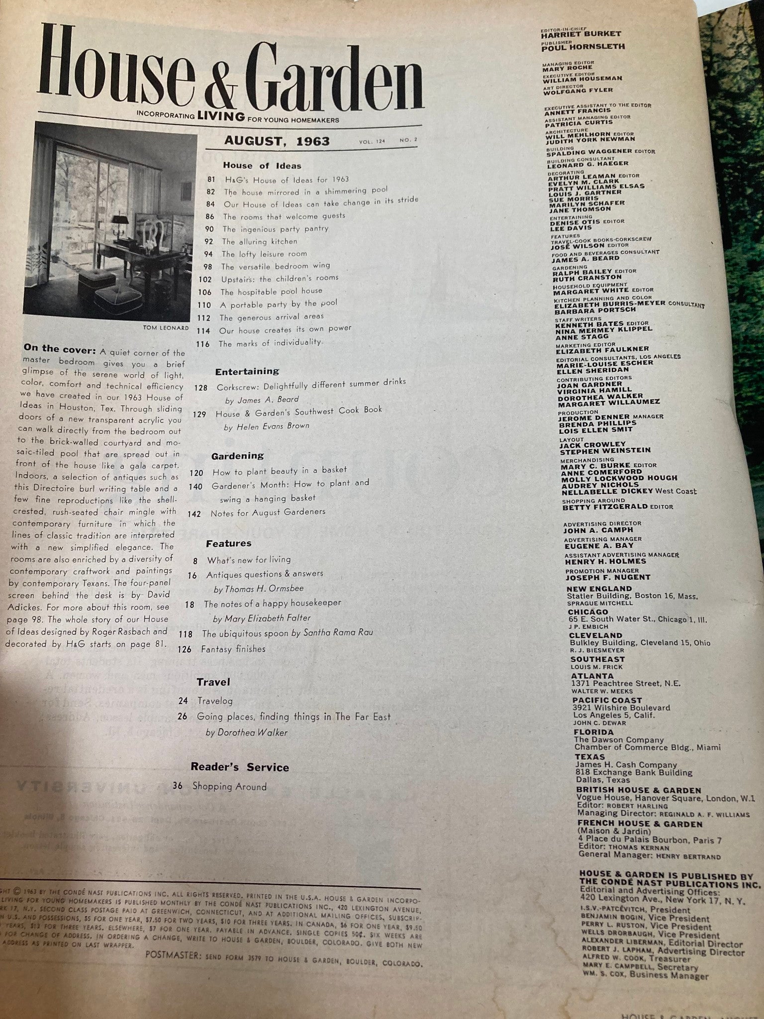 The contents page of the VTG House & Garden Magazine August 1963 showing articles and features including 'The House Mirrored in a Shimmering Pool' and various sections on entertaining, gardening, and travel.