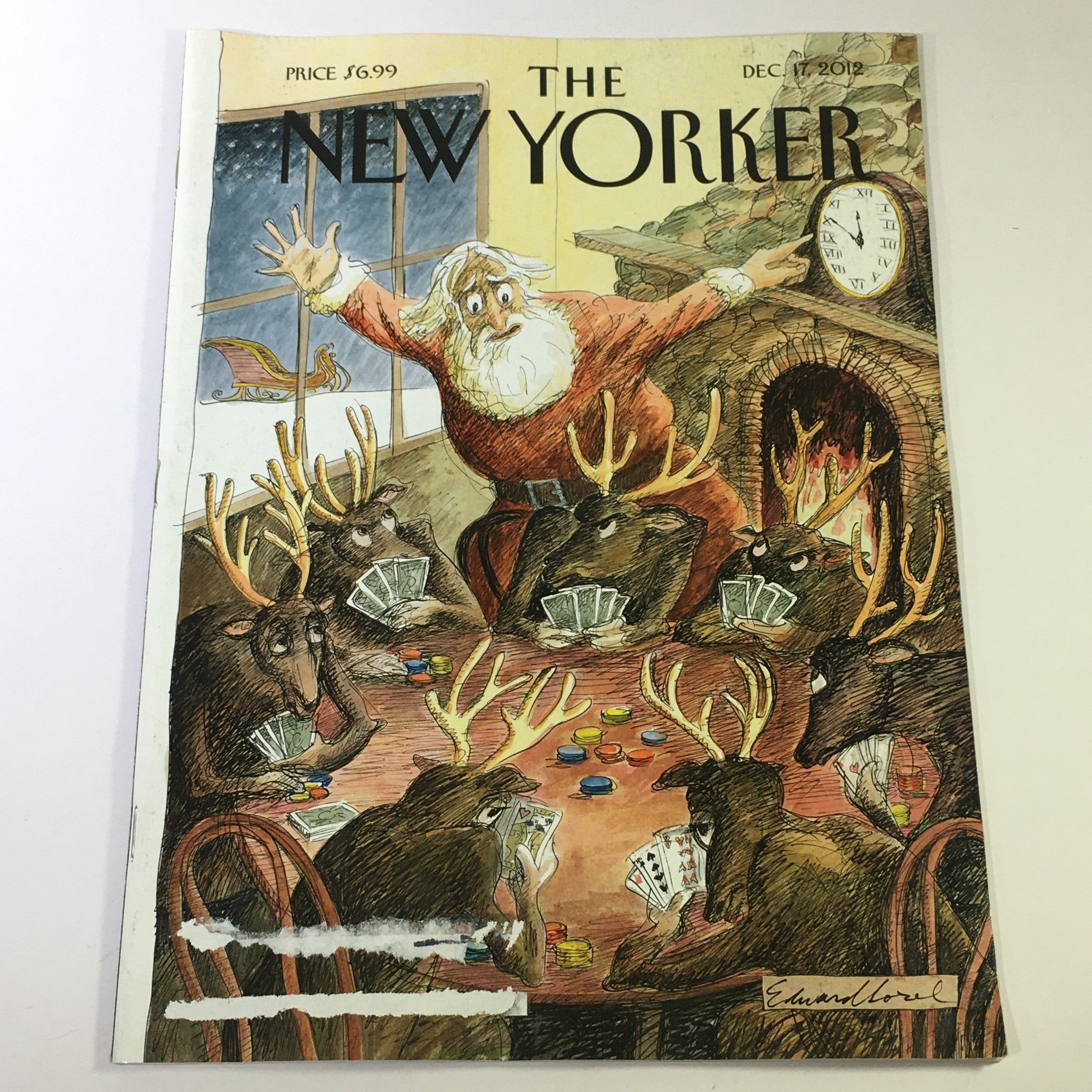 The New Yorker December 17, 2012 cover featuring an illustration by Edward Sorel showcasing a festive scene with Santa and reindeer playing cards.
