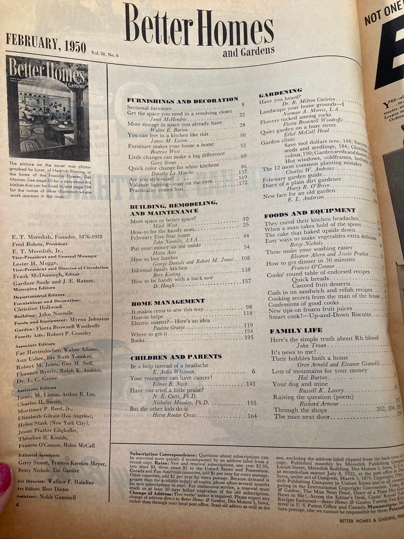 VTG Better Homes & Garden Magazine February 1950 showcasing the magazine contents page, featuring articles on home décor, gardening, and furnishing tips relevant to mid-century kitchen aesthetics.
