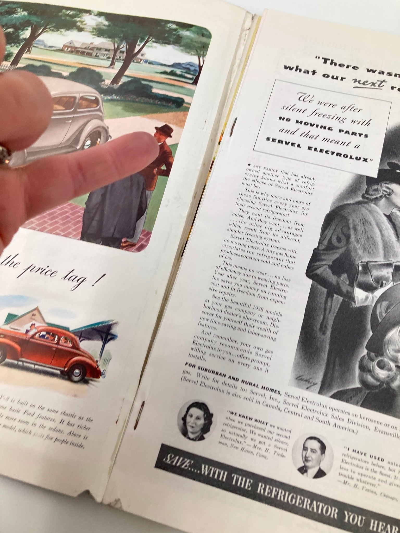 Interior page of VTG Better Homes & Gardens Magazine April 1938 featuring an advertisement and scenic illustration of a vintage car and suburban life.