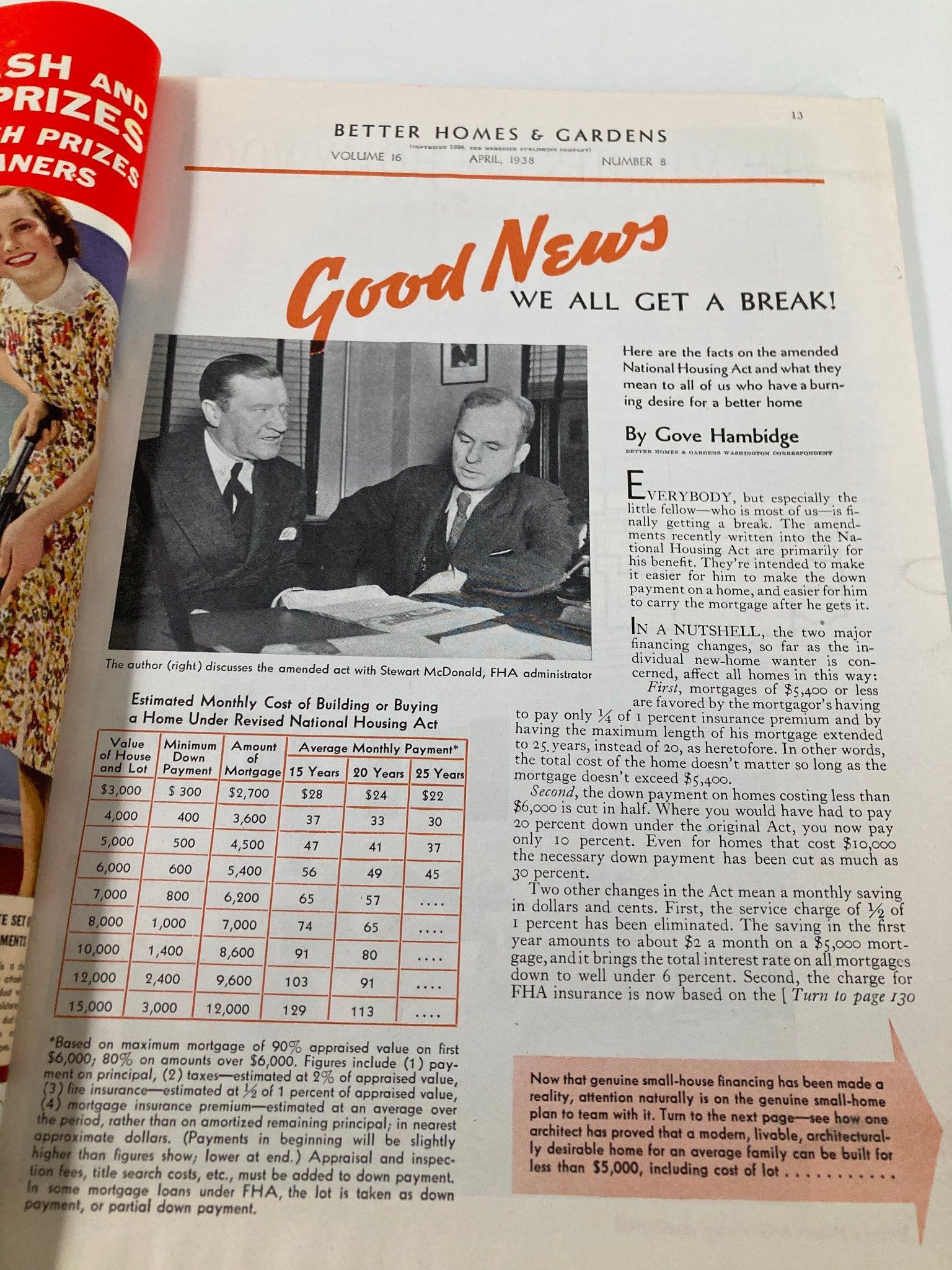 Another interior page of VTG Better Homes & Gardens Magazine April 1938 displaying an article on housing costs and financing options in the context of the National Housing Act.