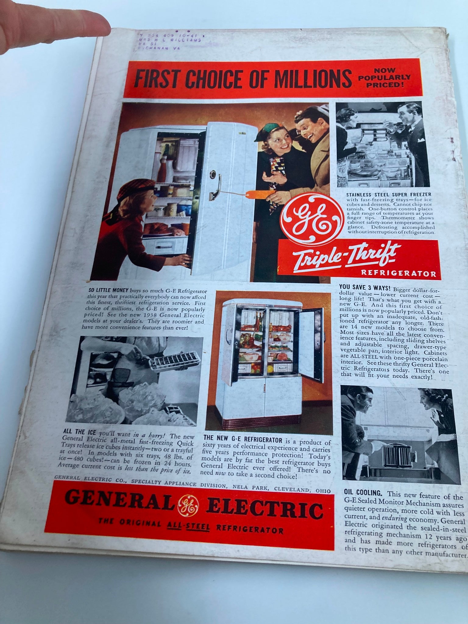 Vintage advertisement for the General Electric G-E Triple-Thrift Refrigerator featured in the Better Homes & Gardens Magazine April 1938, showcasing its innovative design and features.