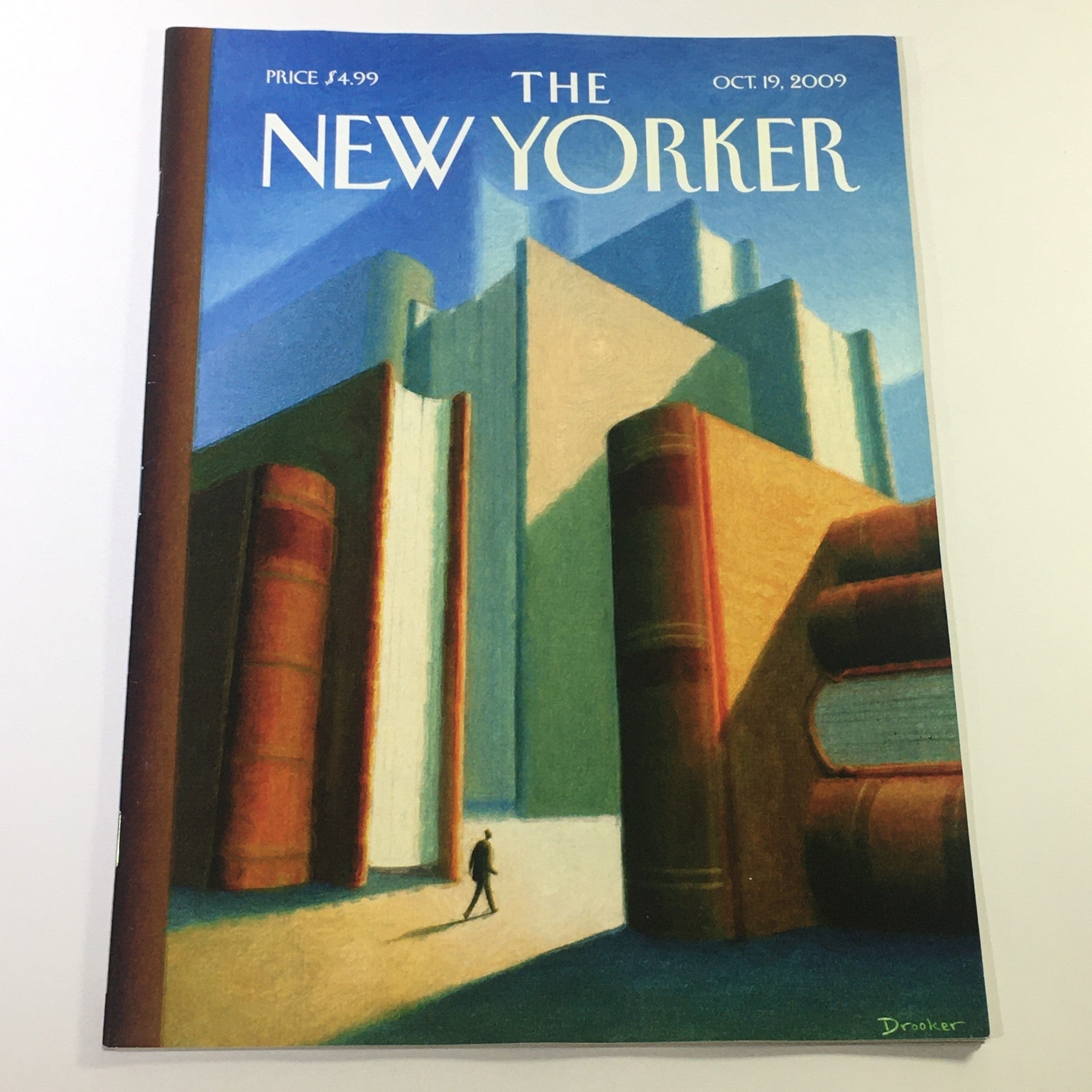 The New Yorker October 19 2009 magazine cover artwork by Eric Drooker, featuring a surreal depiction of large books and abstract architecture.