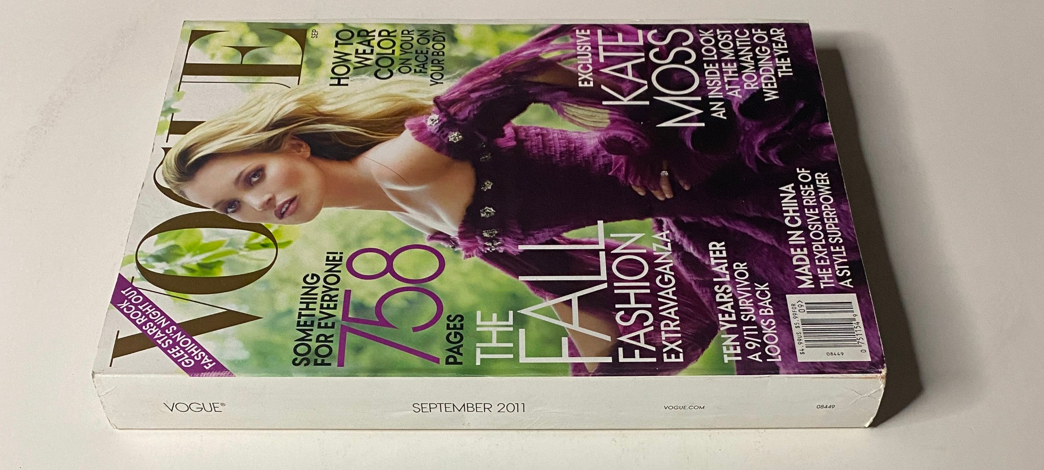Side view of Vogue Magazine September 2011 cover with Kate Moss, showcasing the magazine's exclusive feature and the Fall Fashion theme.