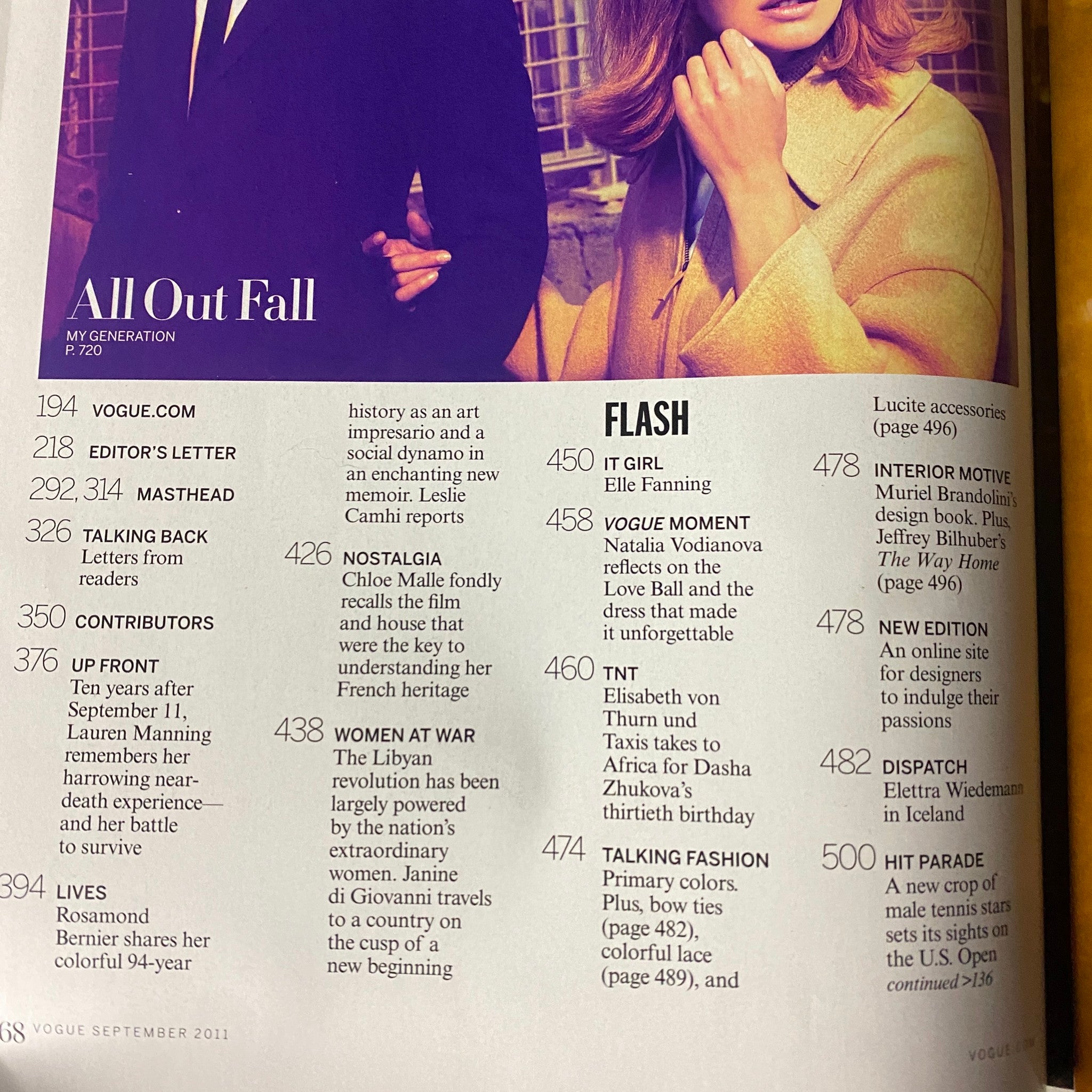 Inside page of Vogue Magazine September 2011, outlining content features such as Editor's Letter, Flash, and fashion highlights, with Kate Moss as the exclusive focus.