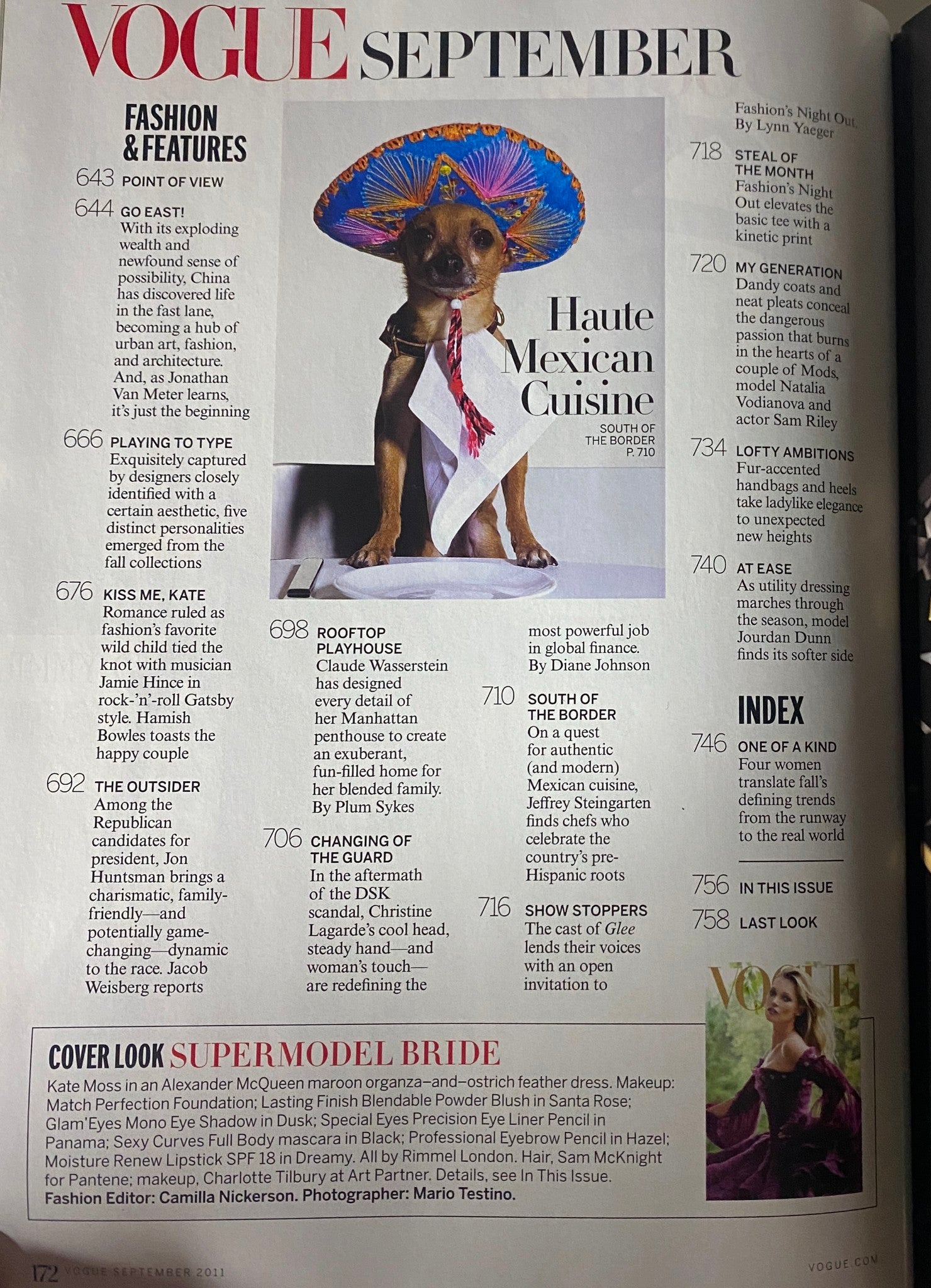 Vogue Magazine September 2011 Kate Moss Cover illustration featuring a dog dressed in a colorful sombrero, highlighting the theme of Haute Mexican Cuisine.