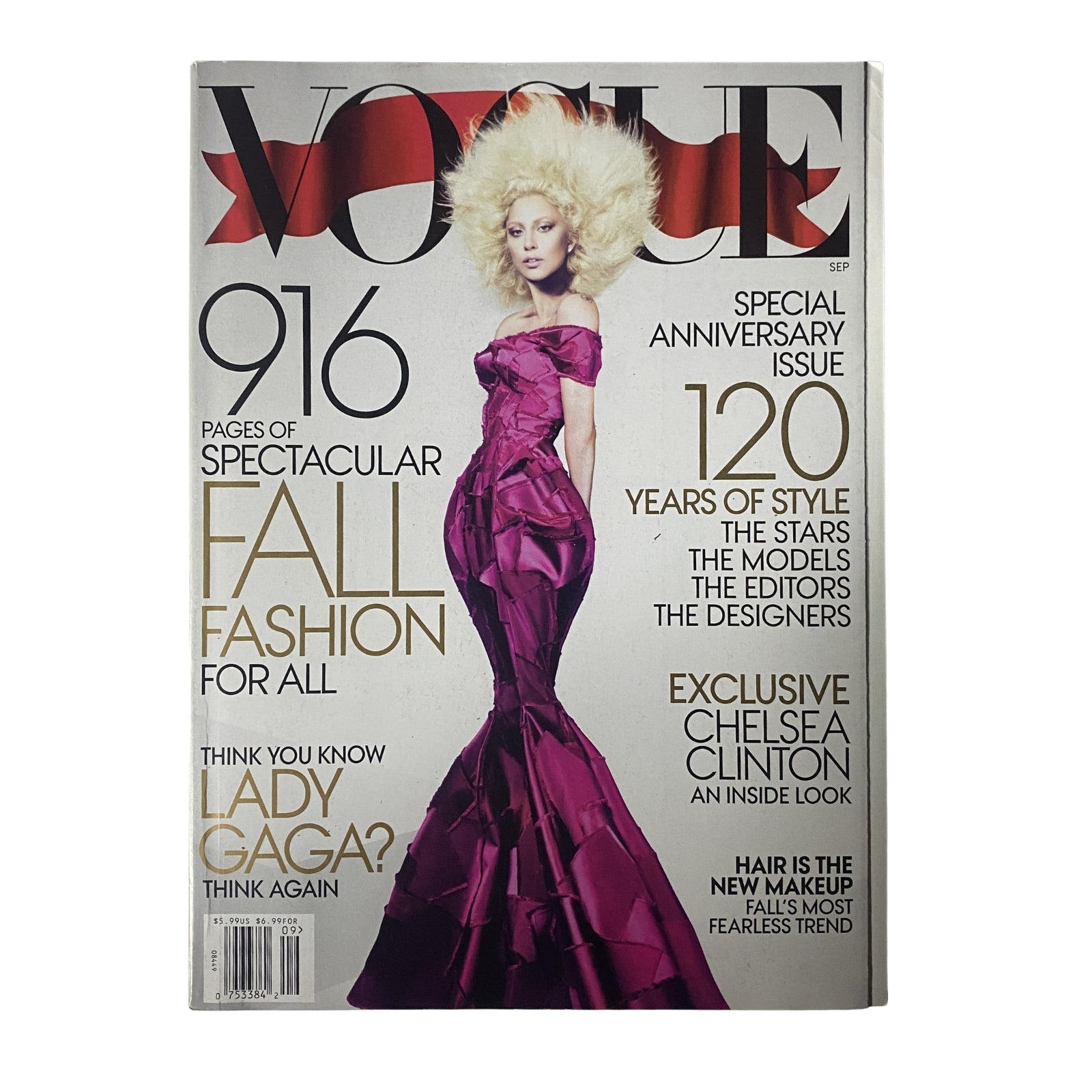 Vogue Magazine September 2012 Lady Gaga Cover features a glamorous shot of Lady Gaga in a dramatic pink dégradé dress by Marc Jacobs, highlighting fall fashion trends for all.