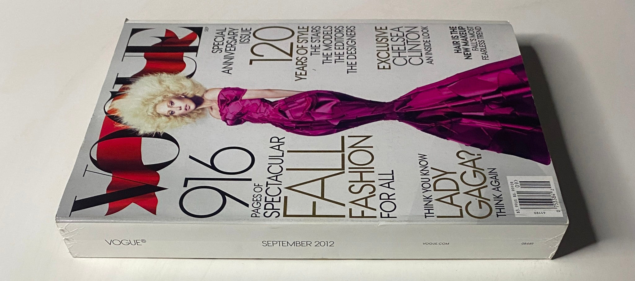 Vogue Magazine September 2012 Lady Gaga Cover side view showing the magazine's spine and cover art, focusing on the special anniversary issue celebrating 120 years of style.