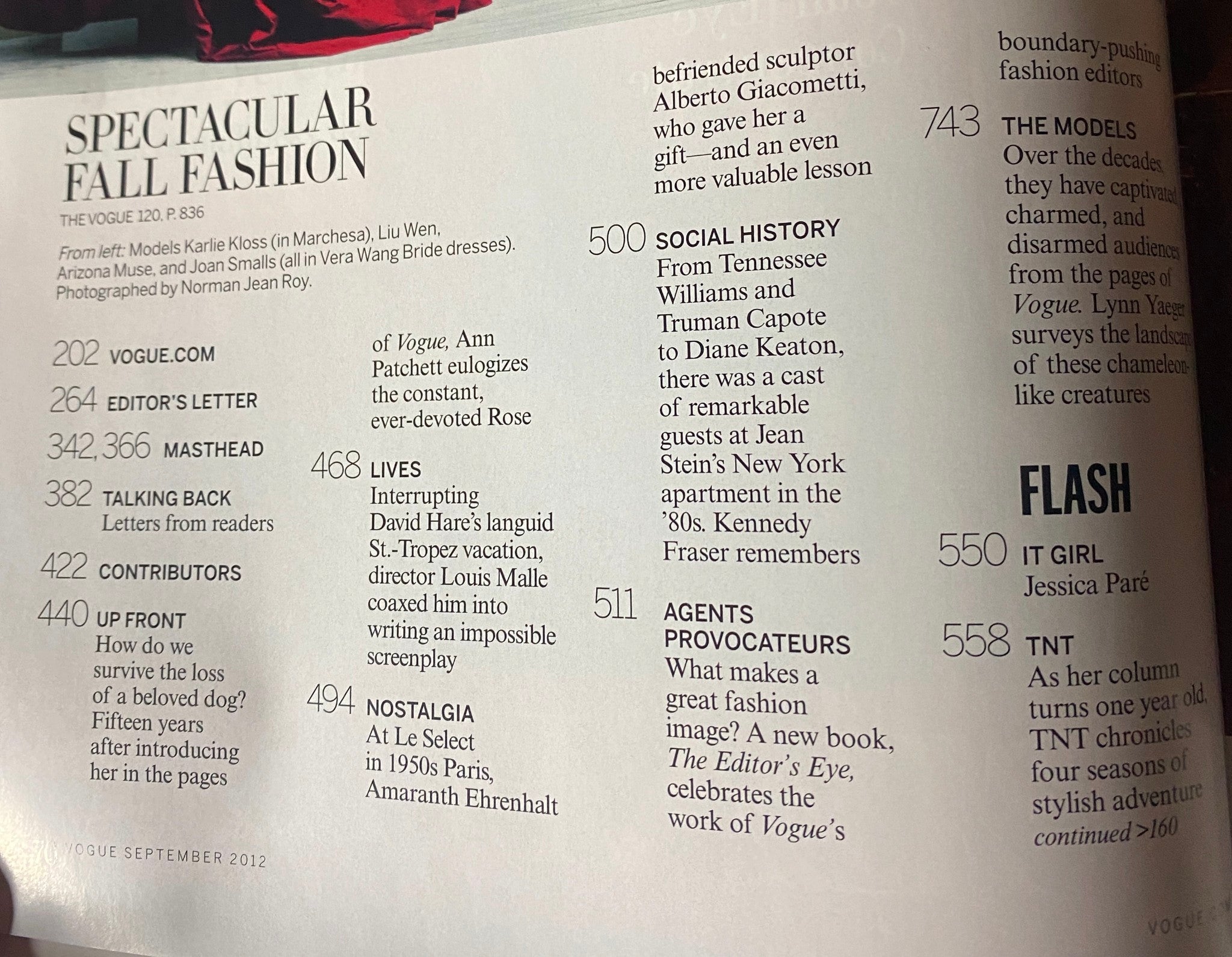 Spectacular Fall Fashion feature from Vogue Magazine September 2012 showcasing models including Karlie Kloss in Marchesa, Liu Wen, Arizona Muse, and Joan Smalls, highlighting influential voices in fashion.