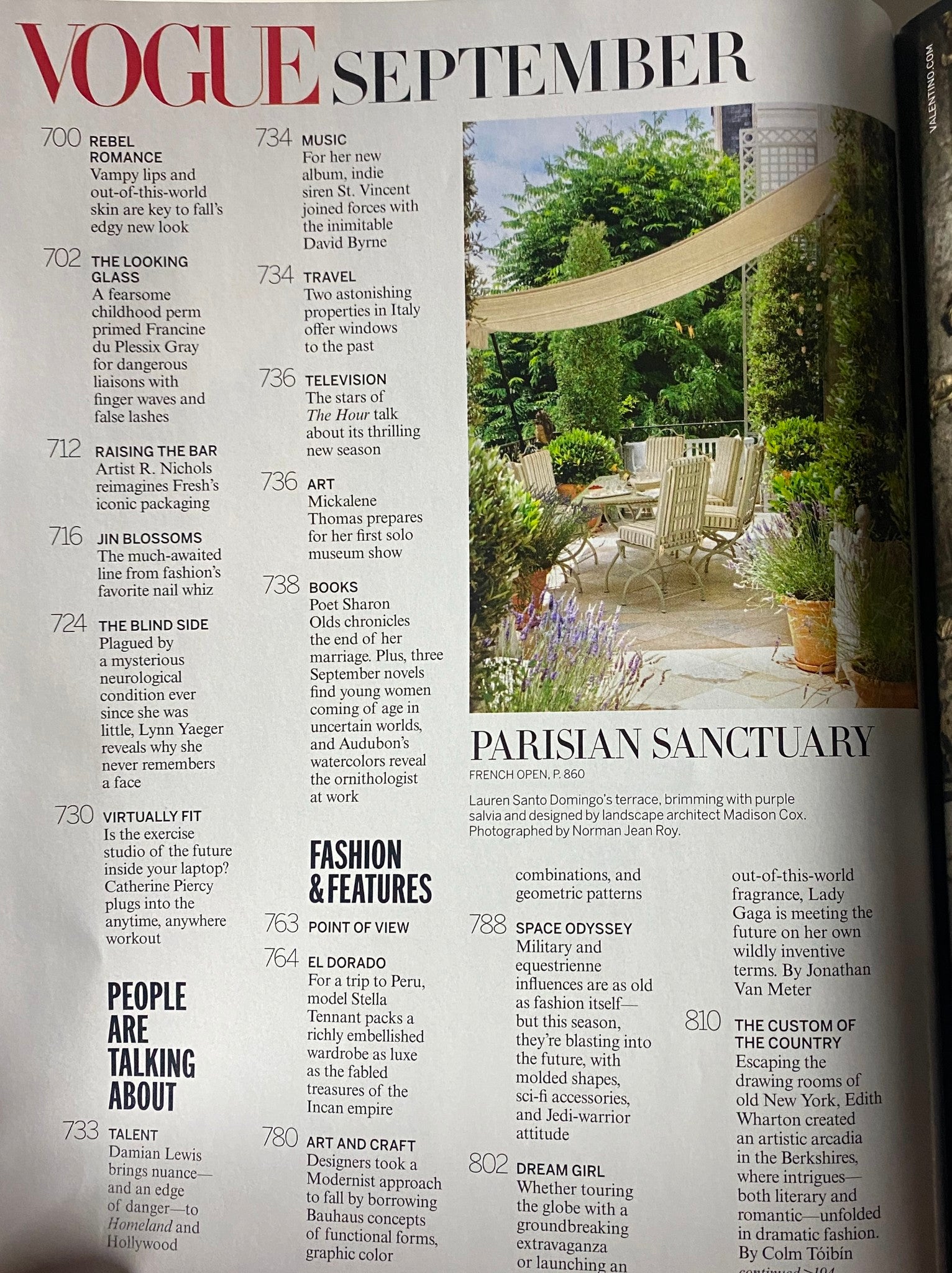 Parisian Sanctuary layout from Vogue Magazine September 2012 featuring a serene garden scene perfect for relaxation, emphasizing the article's focus on lifestyle and travel.