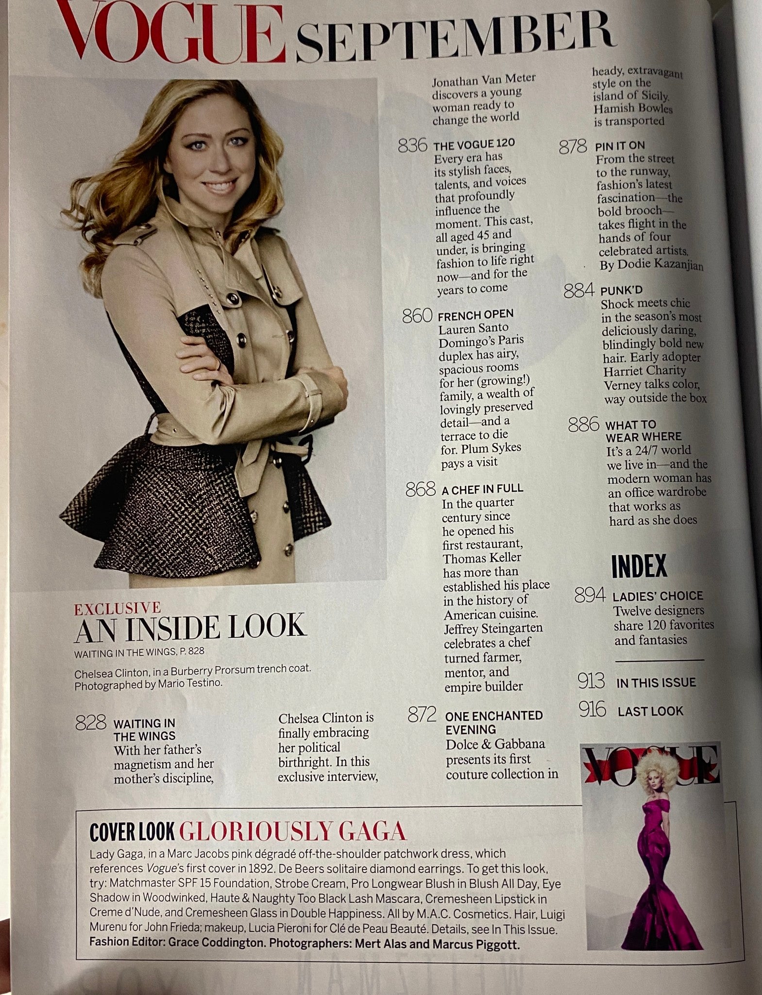 An Inside Look excerpt from Vogue Magazine September 2012 featuring Chelsea Clinton, accompanied by an article on influential figures in fashion.