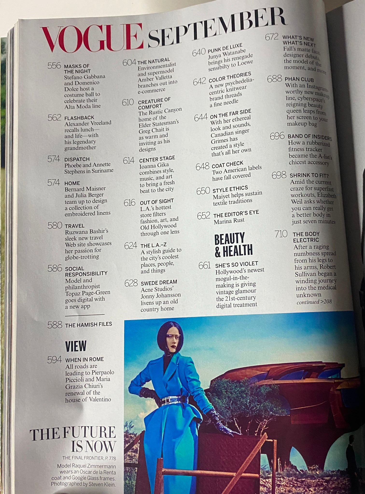 Interior page of Vogue Magazine September 2013 presenting fashion highlights, including articles on 'The Hamish Files' and 'Beauty & Health'.