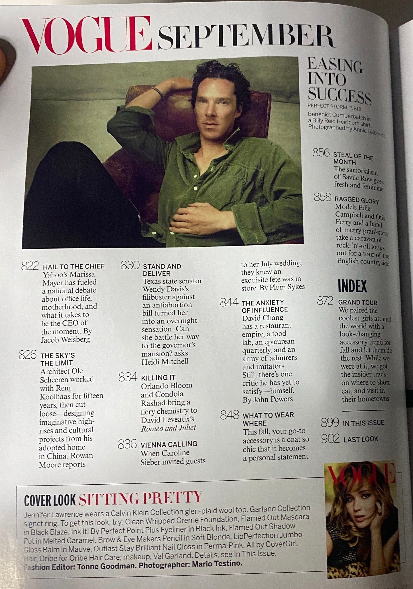 Vogue Magazine September 2013 edition page featuring 'Easing into Success' with an image of Benedict Cumberbatch, and sections on fashion and features including page numbers 822 to 844.