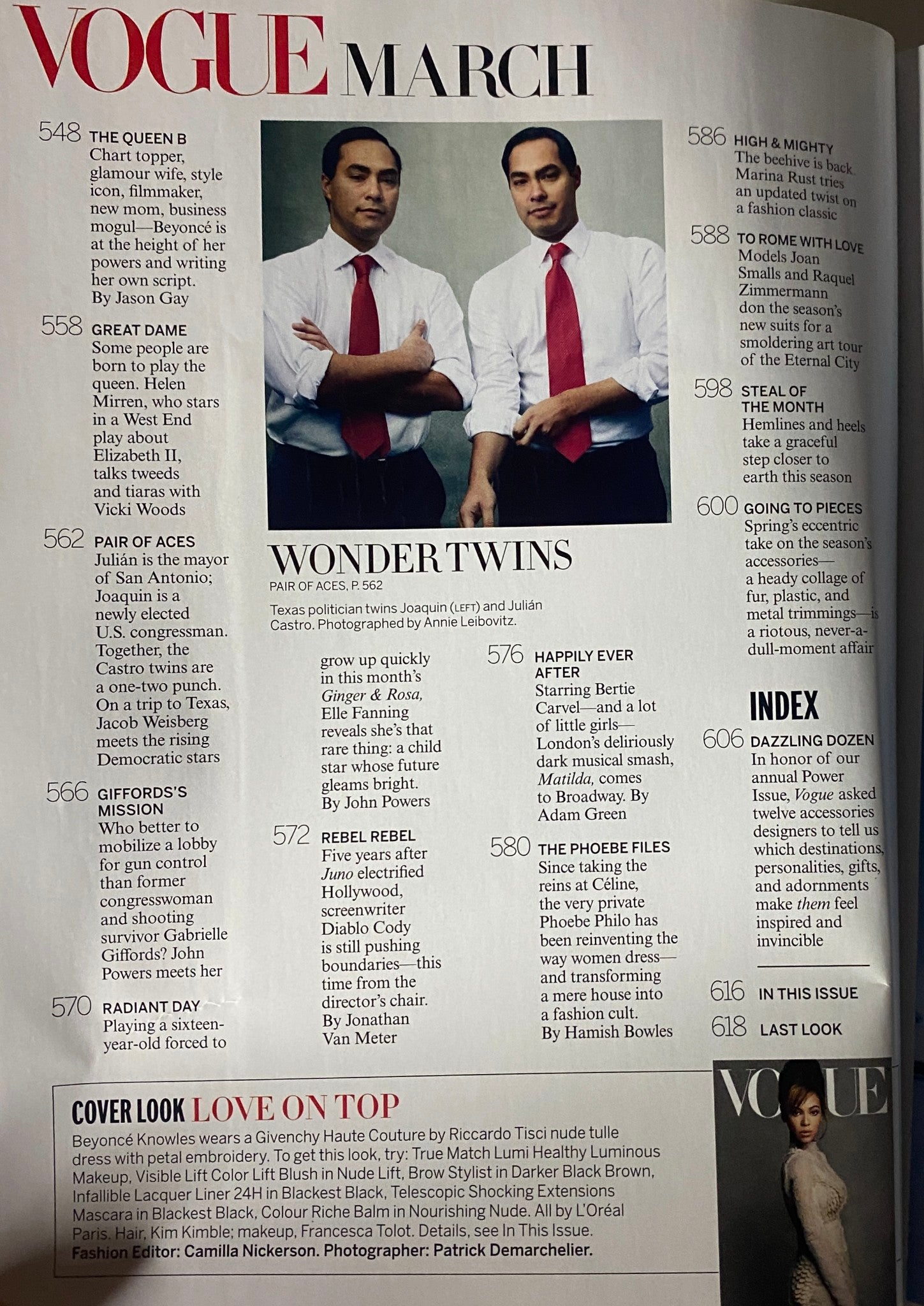 Page in Vogue Magazine March 2013 highlighting the section 'The Queen B,' featuring a stylish duo called the 'Wonder Twins' in a fashion editorial.