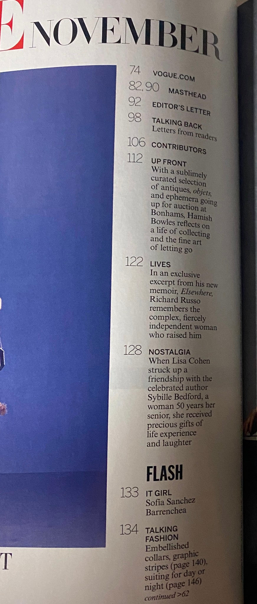 Interior page of Vogue Magazine November 2012, featuring the table of contents, including mentions of contributors and various sections for fashion and culture.