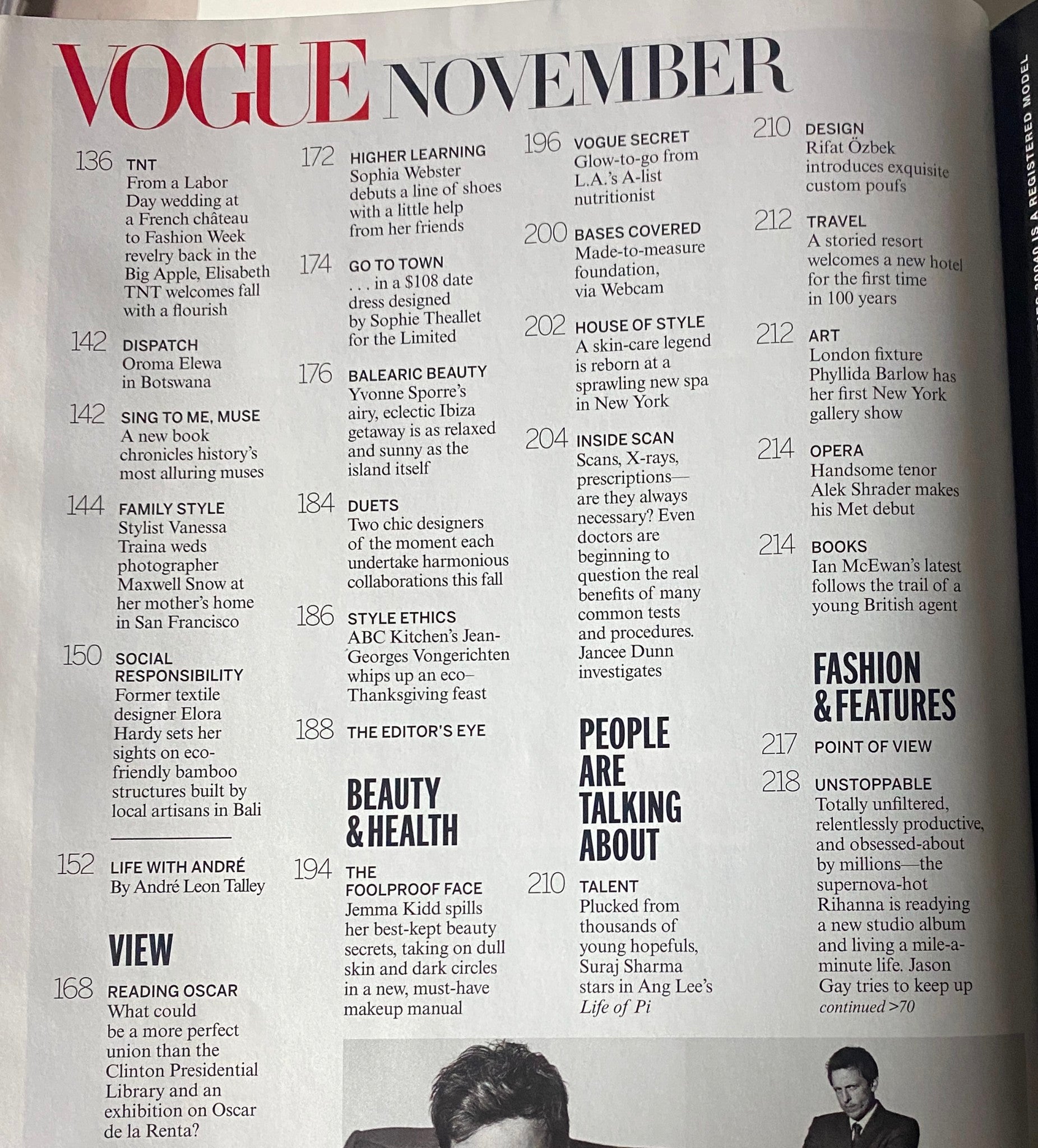 Vogue Magazine November 2012 featuring contents page with article highlights and contributors. The cover showcases Rihanna, labeled as 'No Label' and indicating a very good condition of the magazine.