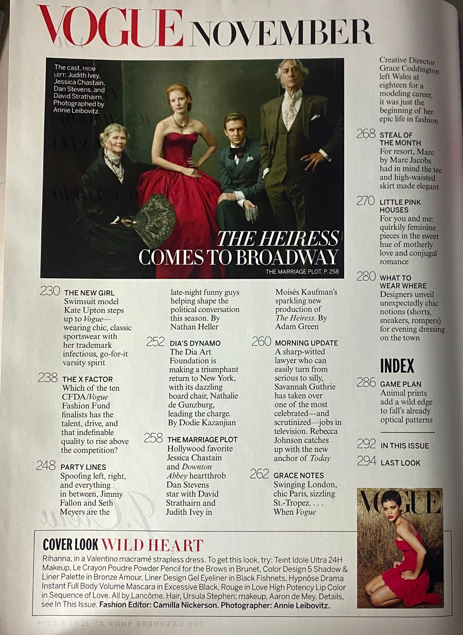Vogue Magazine November 2012 interior page presenting a fashion feature titled 'The Heiress Comes to Broadway' with models in elegant attire. The page emphasizes the November issue's thematic focus on haute couture.