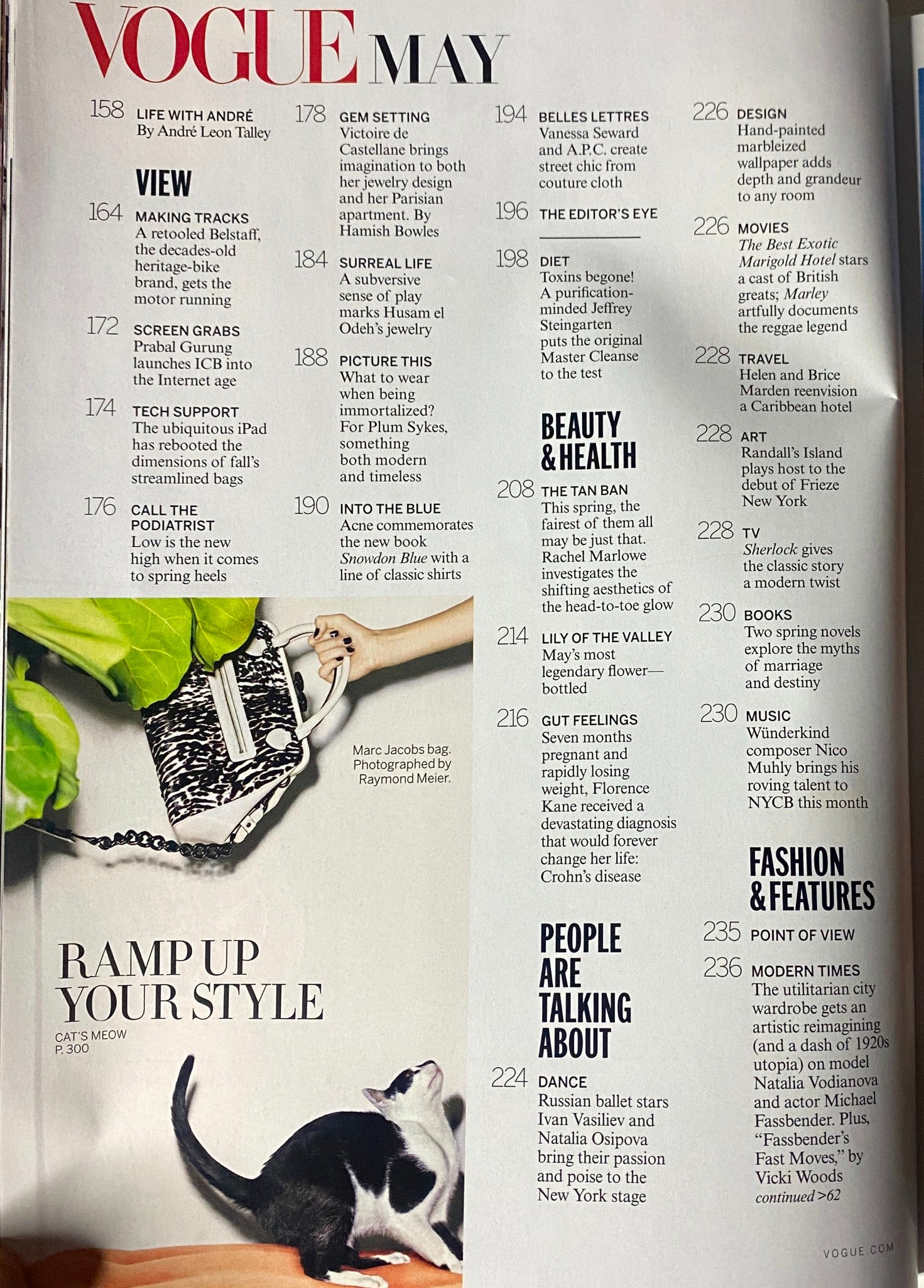 Vogue Magazine May 2012 content page featuring various articles including fashion, culture, and beauty topics, ideal for readers looking to explore the issue's highlights.