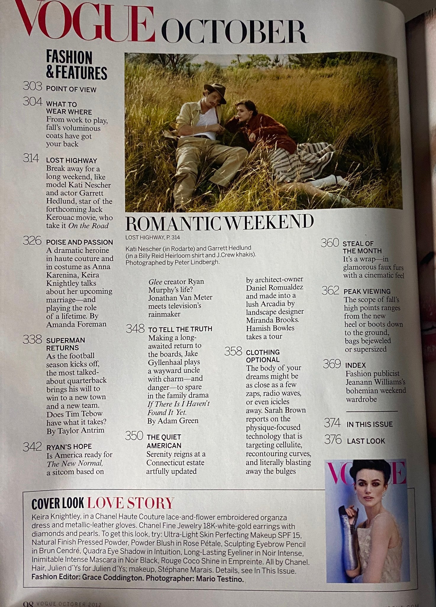 Vogue Magazine October 2012 interior page highlighting articles such as 'Poise and Passion' and 'Romantic Weekend' with styling references to fashion.