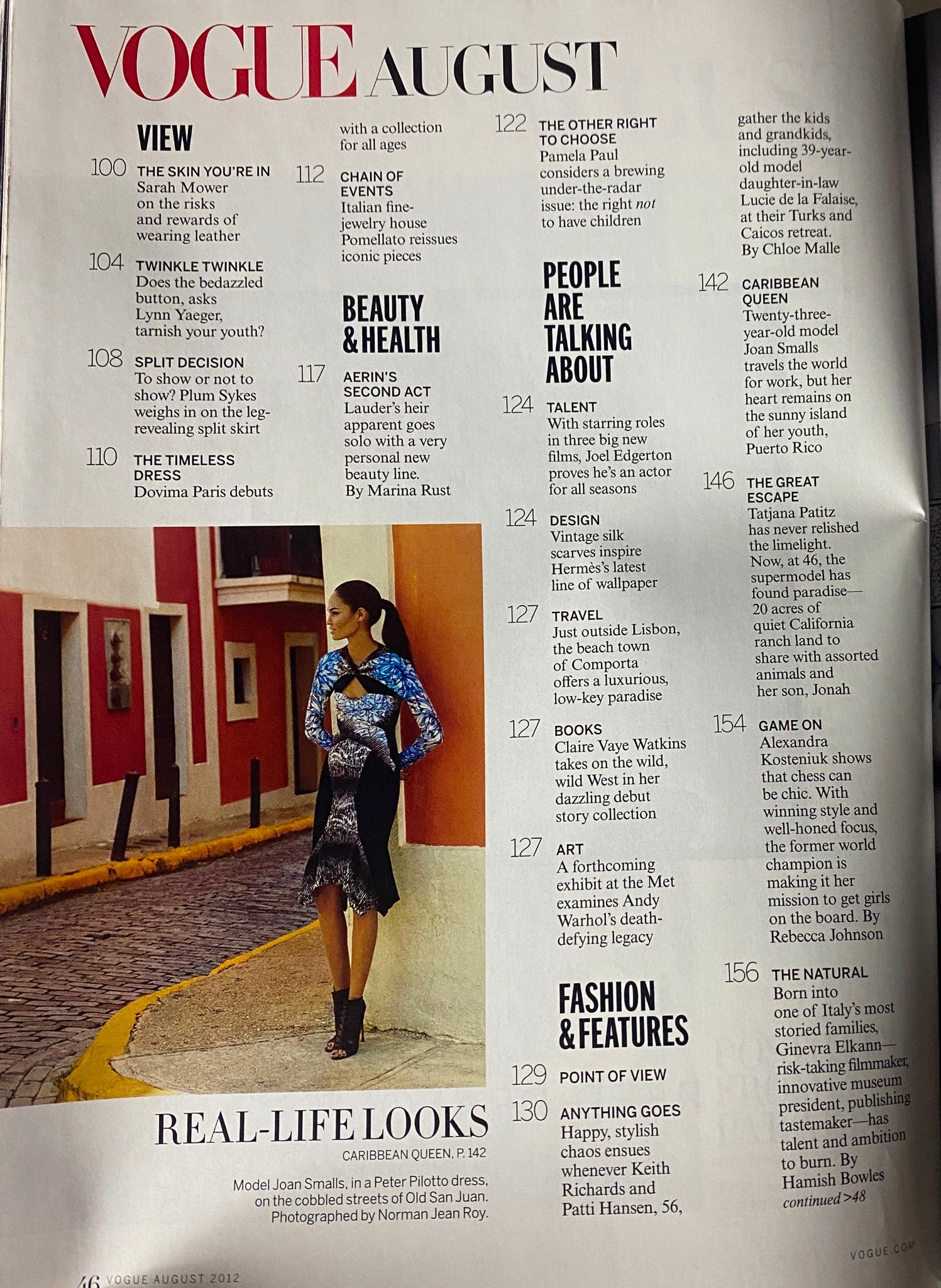 Page layout from Vogue Magazine August 2012 with a feature titled 'Caribbean Queen', presenting model Joan Smalls in a vibrant fashion context.