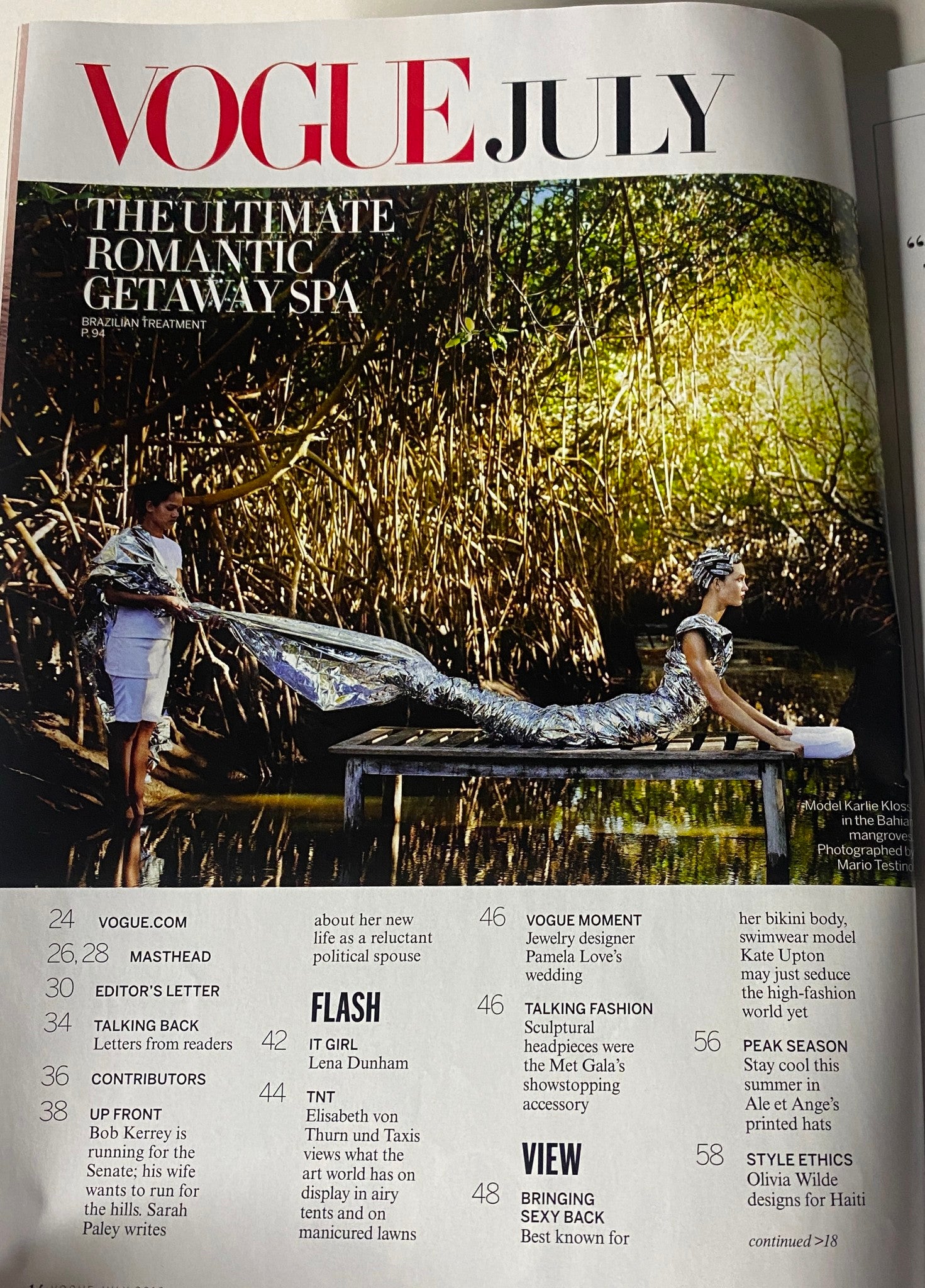 Inside page of Vogue Magazine July 2012, highlighting the features of the issue including articles on fashion, beauty, and lifestyle. The contents page includes Emma Stone’s feature and other notable sections.
