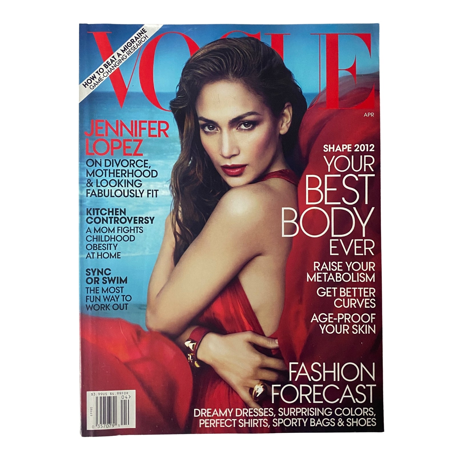 Vogue Magazine April 2012 featuring Jennifer Lopez on the cover, showcasing her glamorous look with the headline 'Your Best Body Ever' and highlights of fashion, motherhood, and looking fabulous.