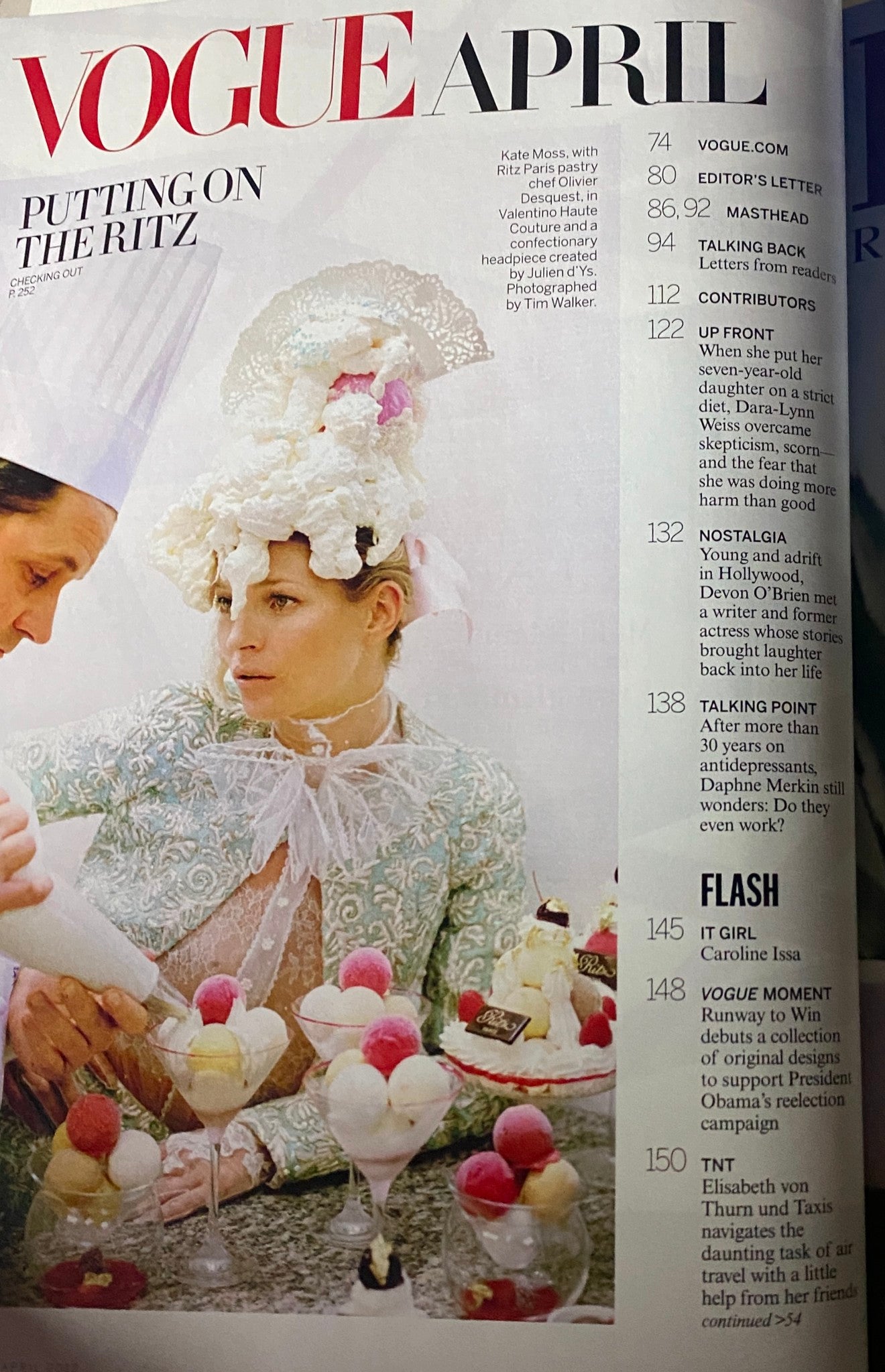Vogue Magazine April 2012 Jennifer Lopez Cover featuring editorial 'Putting on the Ritz', showcasing Kate Moss in couture attire.