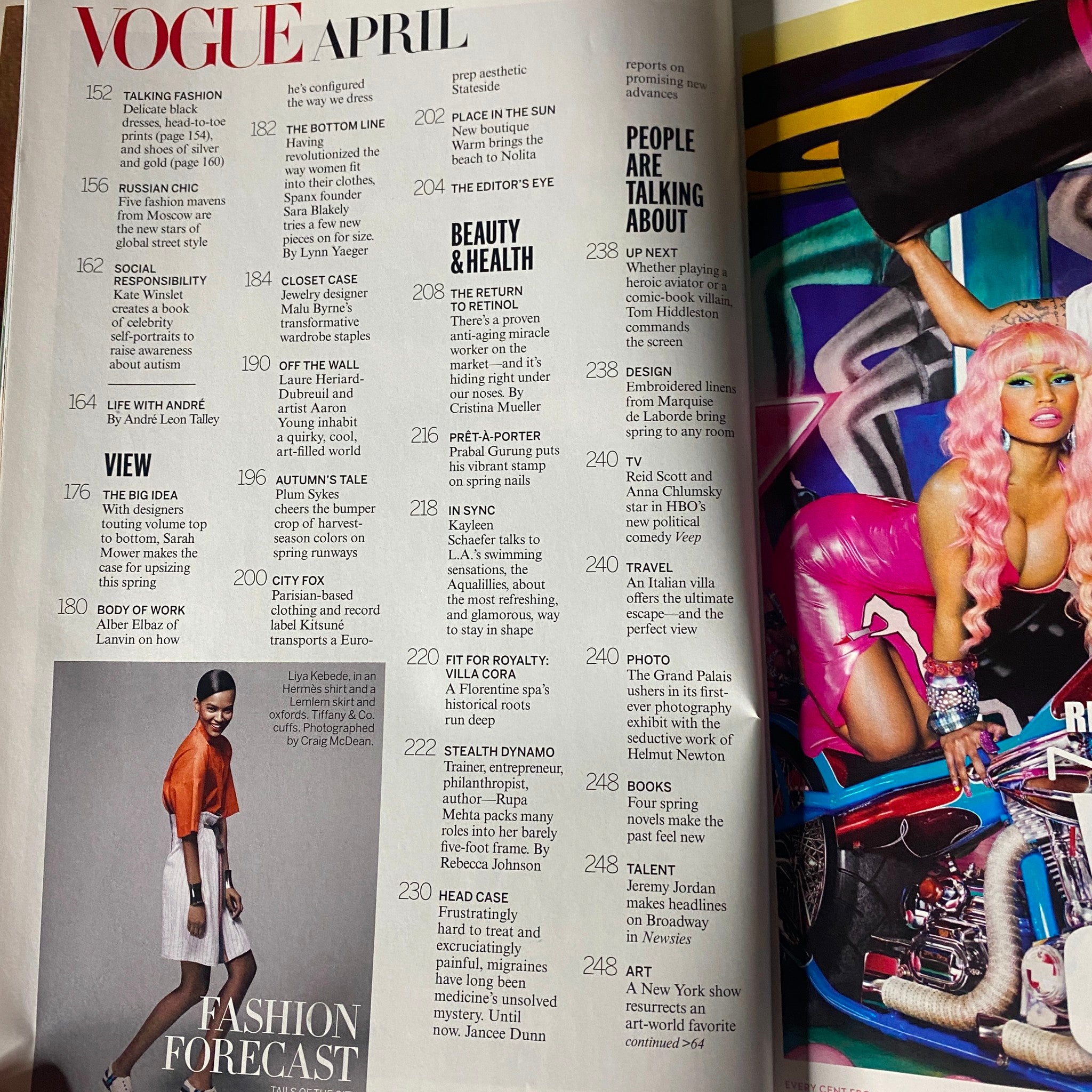 Vogue Magazine April 2012 table of contents highlighting fashion and cultural features, including 'Talking Point' and 'People Are Talking About' sections.