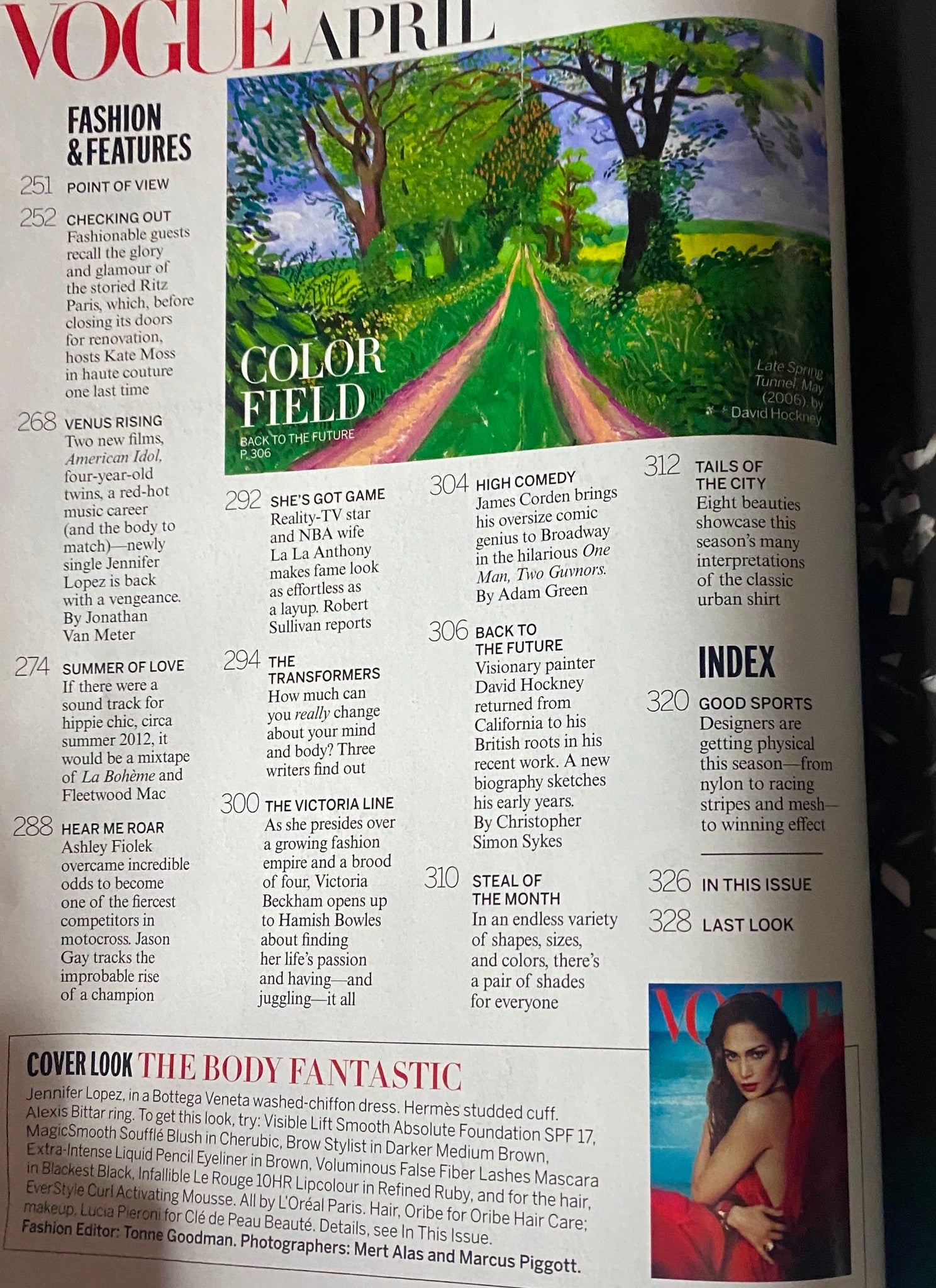 Vogue Magazine April 2012 page featuring 'Fashion & Features' section, highlighting 'Venus Rising' with Jennifer Lopez.
