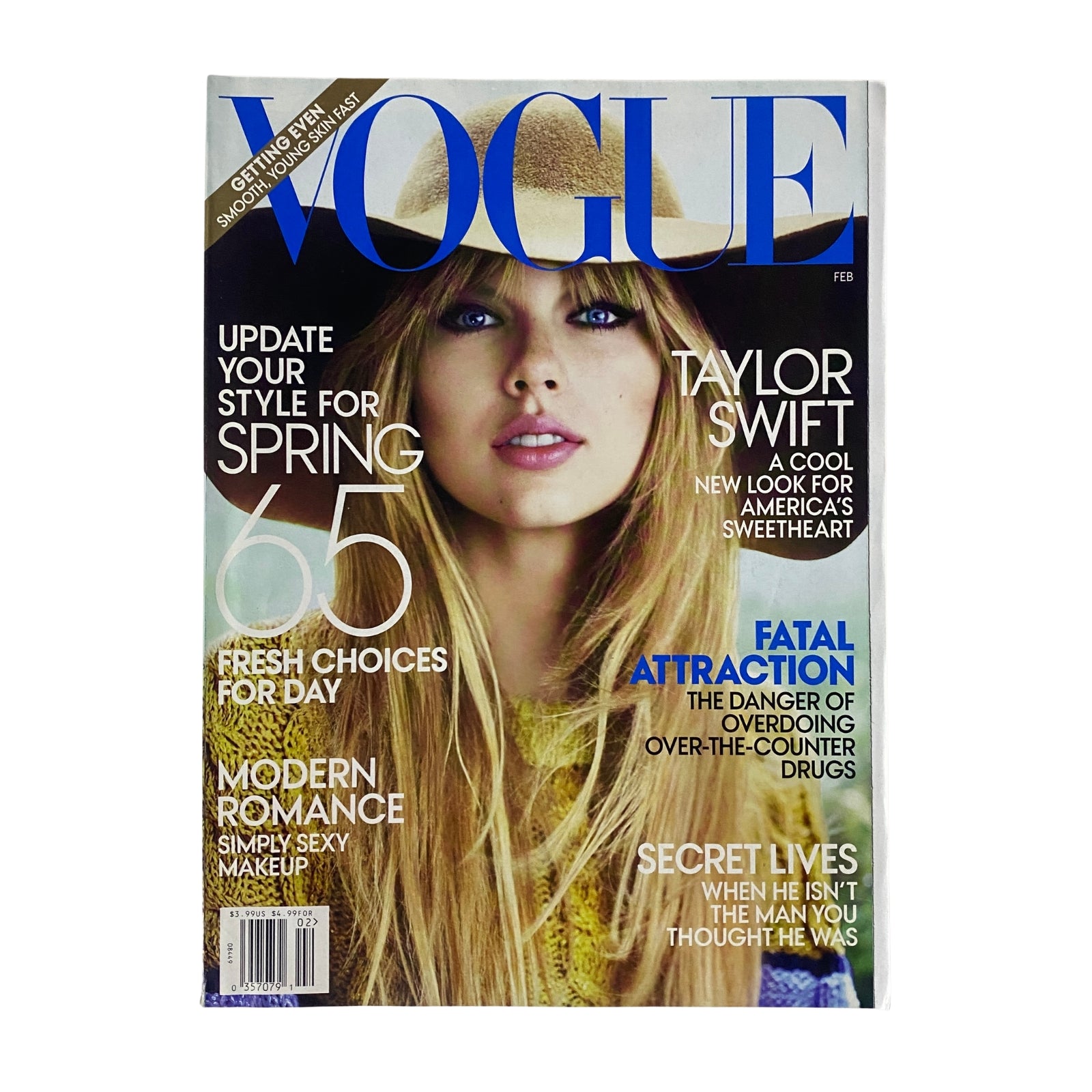 Vogue Magazine February 2012 cover featuring Taylor Swift, showcasing her new look and article highlights about style and independence.