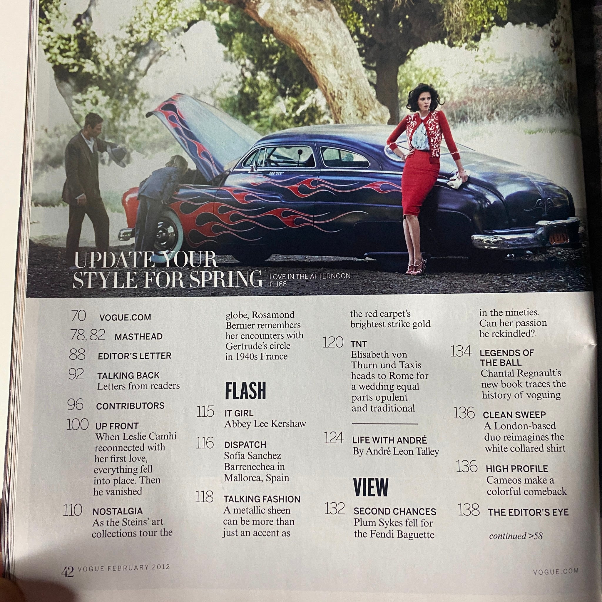 Inside page of Vogue Magazine February 2012, detailing article contents and highlights including fashion features and editorial insights.