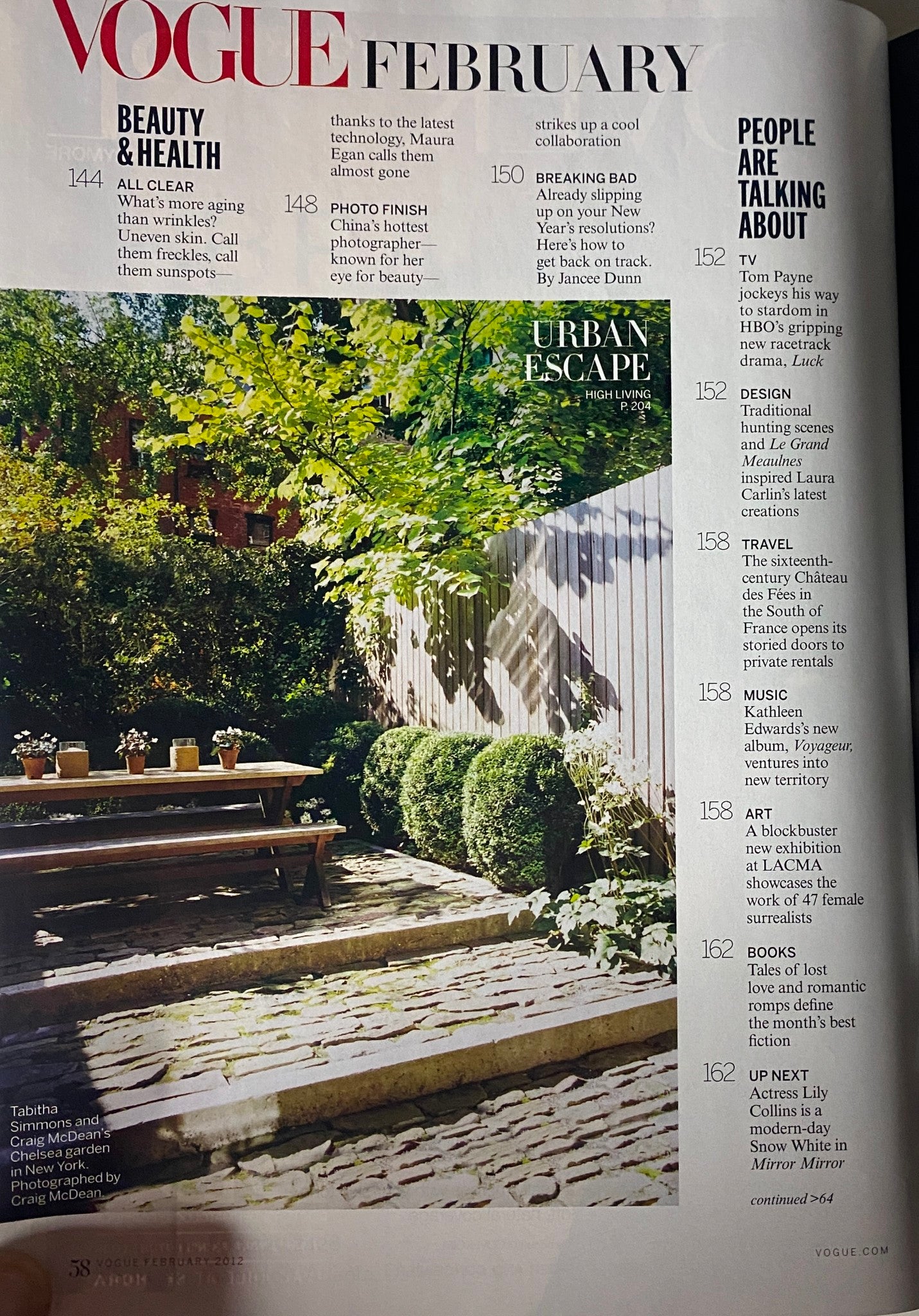 Urban landscape feature from Vogue Magazine February 2012, highlighting beauty and health topics amidst a serene outdoor setting.