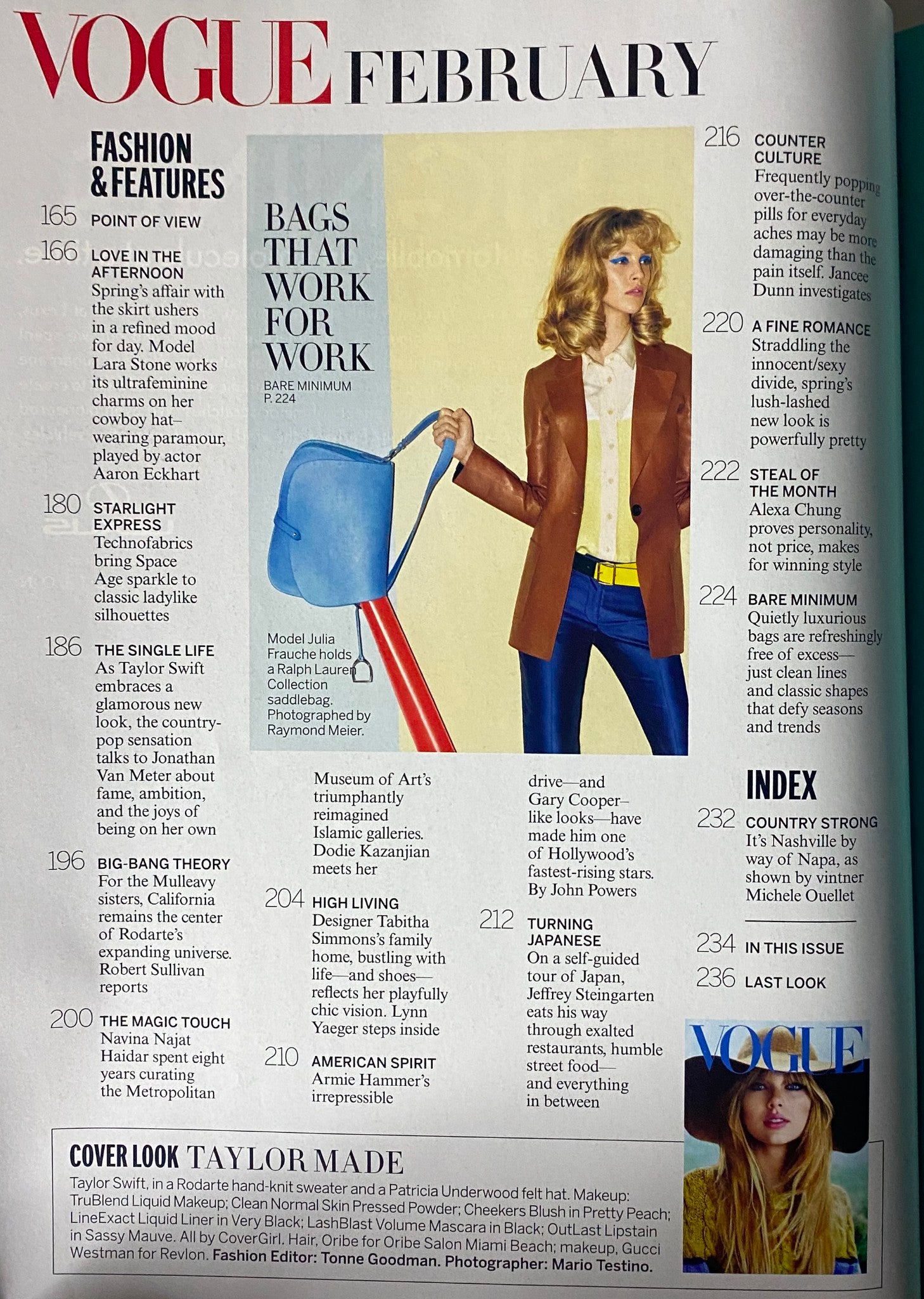 Fashion editorial page from Vogue Magazine February 2012, showcasing key fashion themes and a striking image of a model in a stylish ensemble.