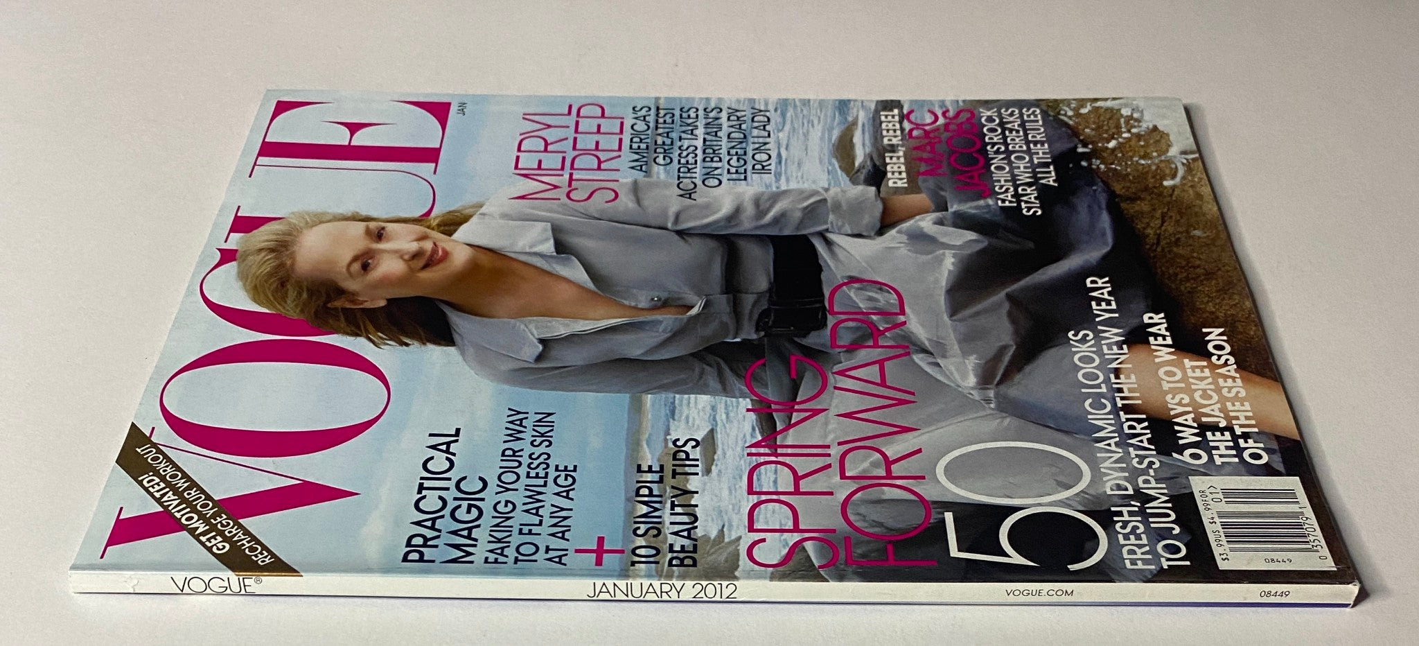 Another angle of Vogue Magazine January 2012 with Meryl Streep's cover, emphasizing practical magic for flawless skin and spring-forward fashion items.