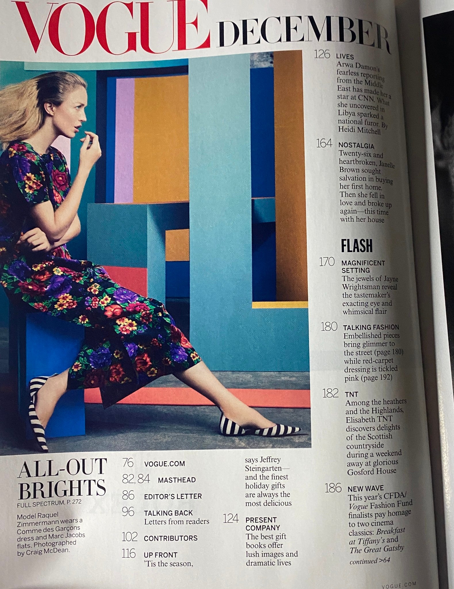 Inside page of Vogue Magazine December 2012 showcasing the editorial layout and highlights of 'All-Out Brights', featuring fashion contributions and photography details.