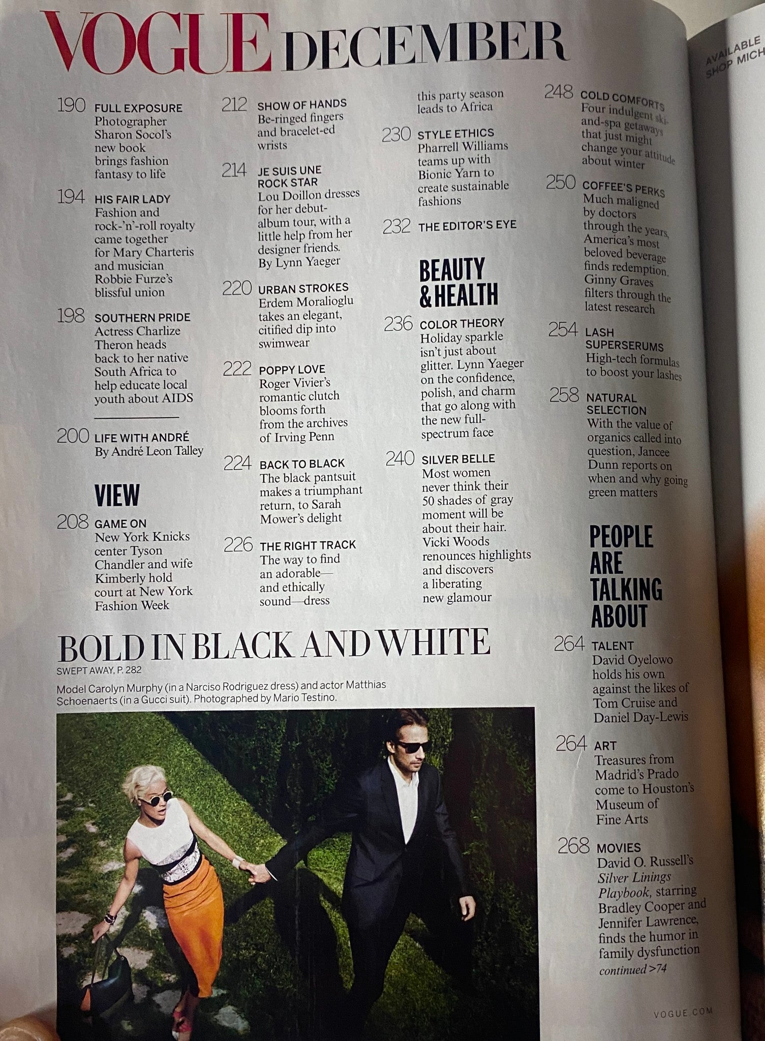 Vogue Magazine December 2012 Anne Hathaway Cover featuring a table of contents for the issue, highlighting articles on fashion, beauty, health, and celebrity profiles.