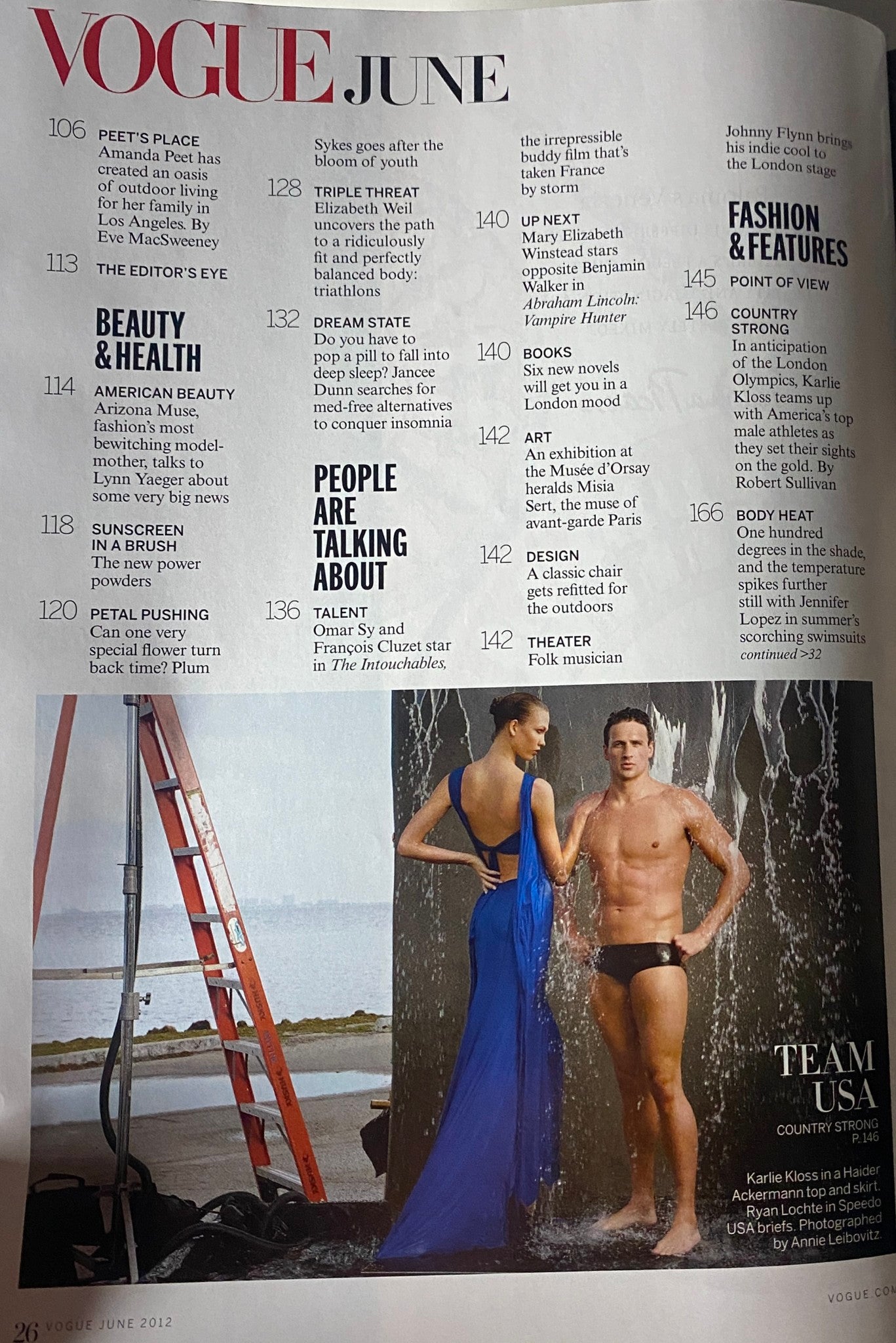 Vogue Magazine June 2012 featuring Hope Solo and Ryan Lochte in a photoshoot showcasing Olympic athletes. The layout includes an editorial section dedicated to fashion and lifestyle with models in stylish summer wear.