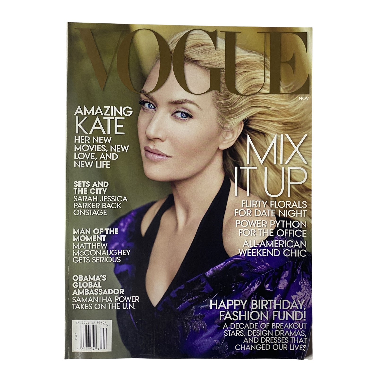 Vogue Magazine November 2013 featuring Kate Winslet on the cover. The magazine highlights her new movies and personal life, with additional features about fashion and power dressing for the office.
