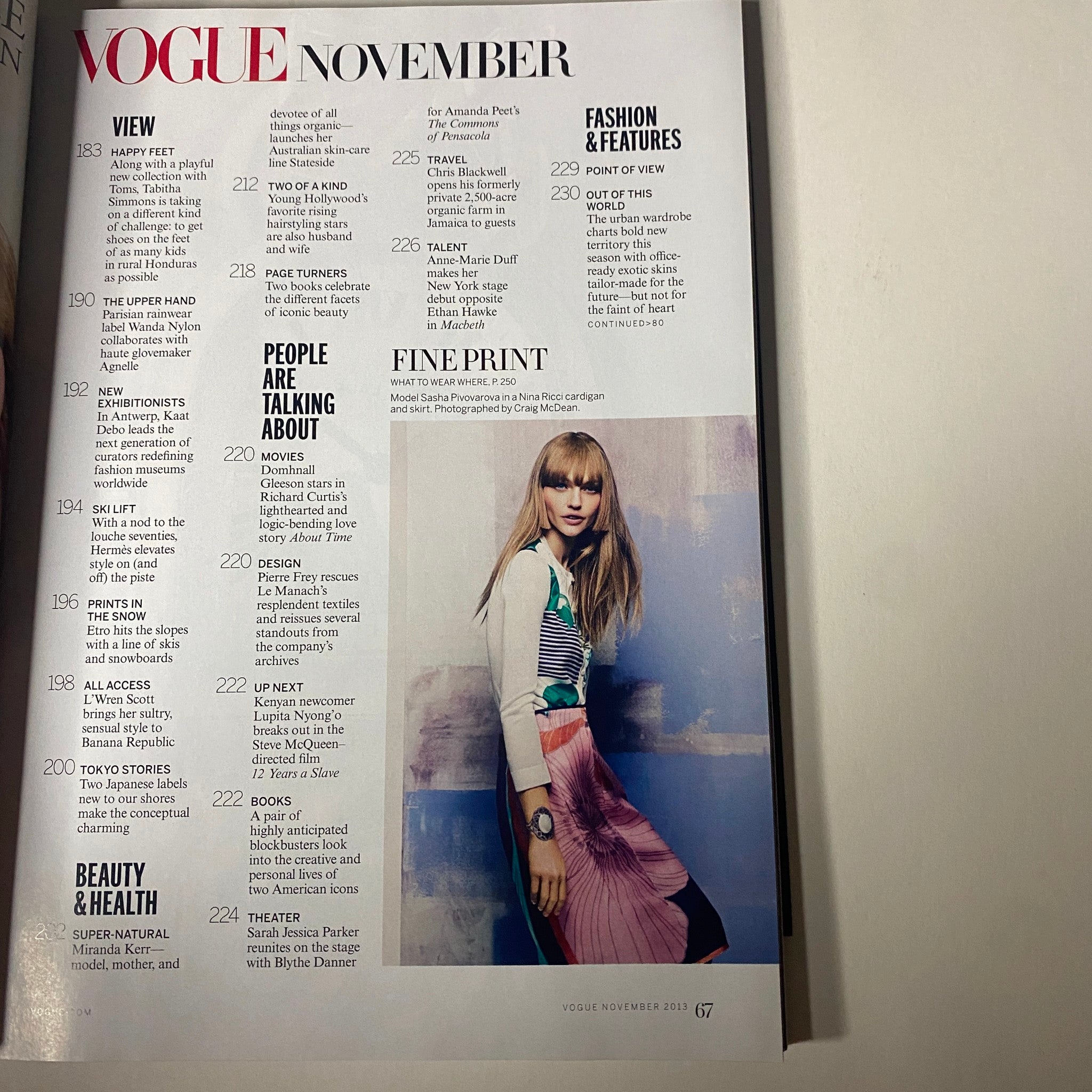 Inside page of Vogue Magazine November 2013 showing the table of contents with highlighted sections on fashion, features, and beauty.